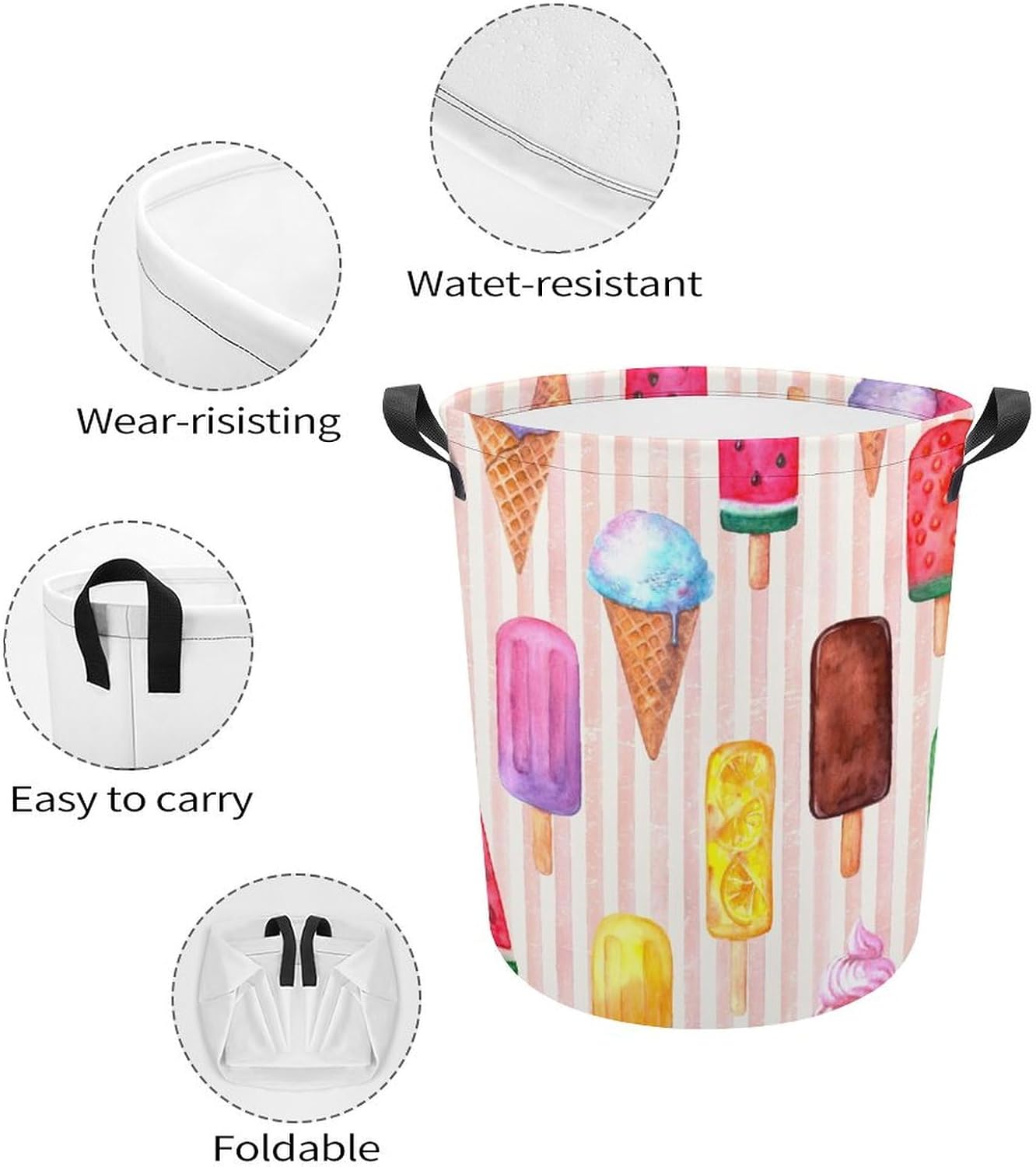 Retro Watercolor Ice Cream Laundry Basket with Handles