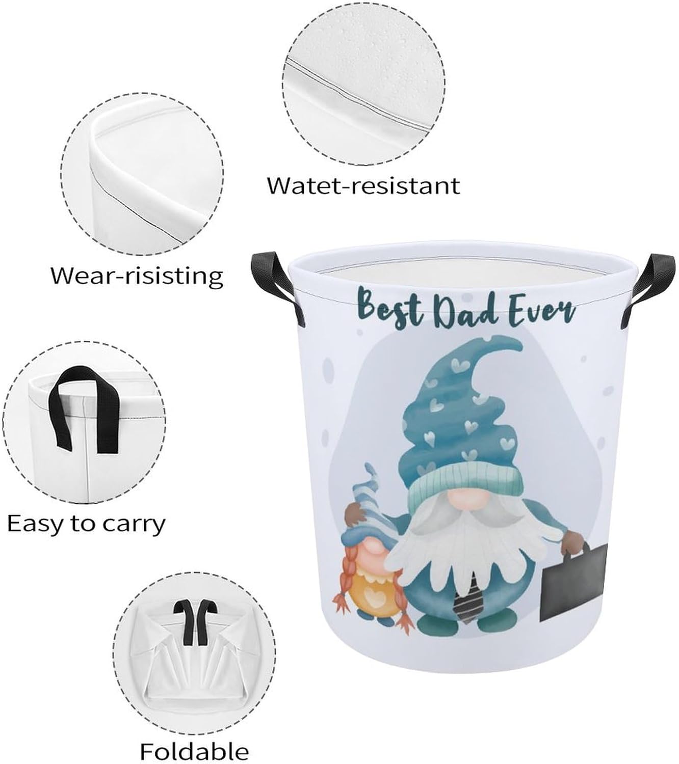 Fathers Day Quote Waterproof Gnome Laundry Hamper with Easy Carry Handles