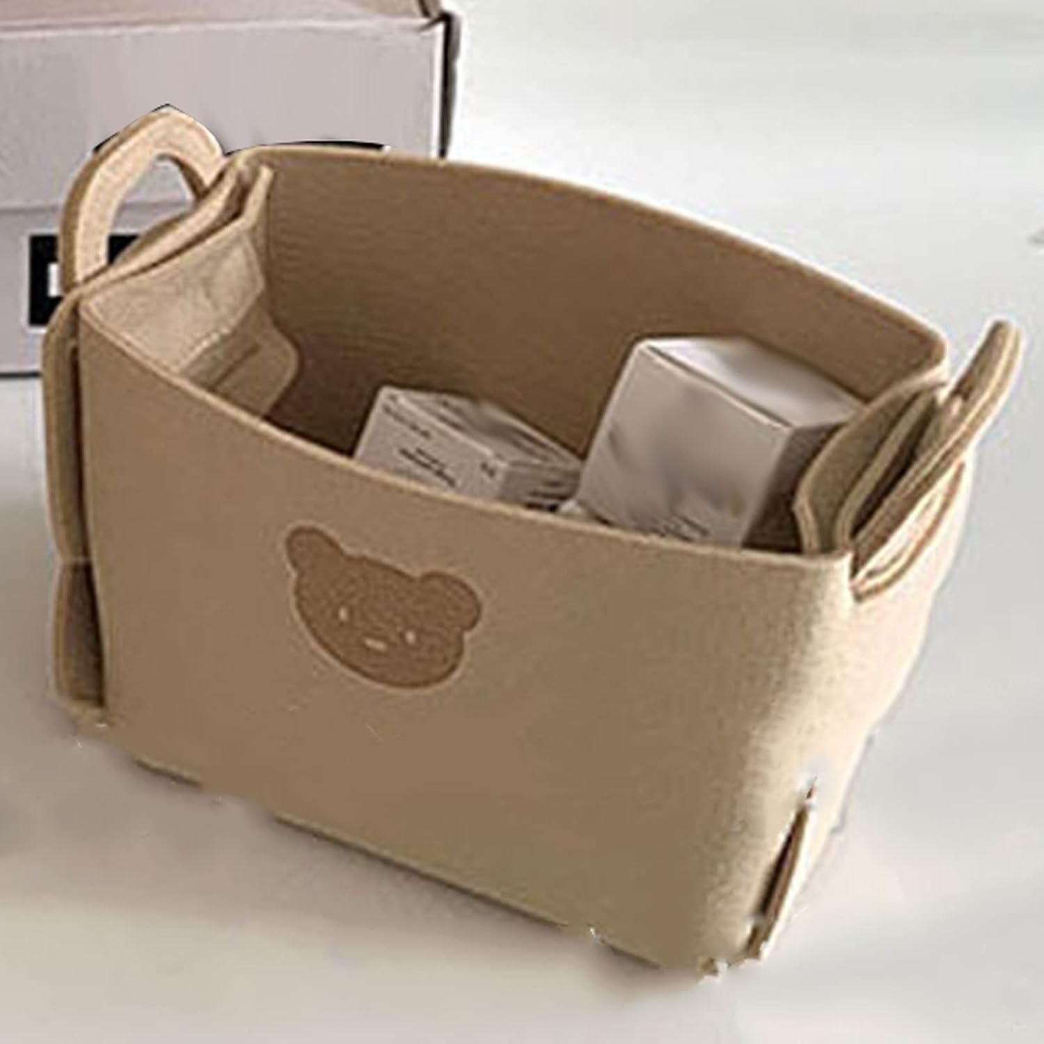 Keebgyy Bear Pattern Felt Storage Basket with Handles