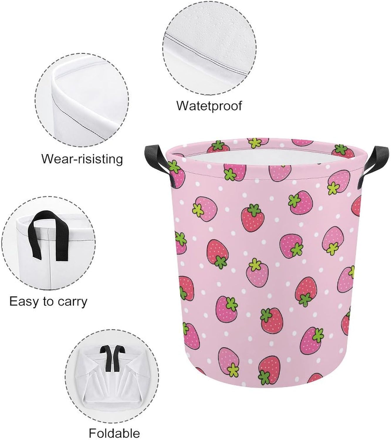 Perfectique Pink Strawberry Laundry Hamper Collapsible Waterproof Storage for Family Pets