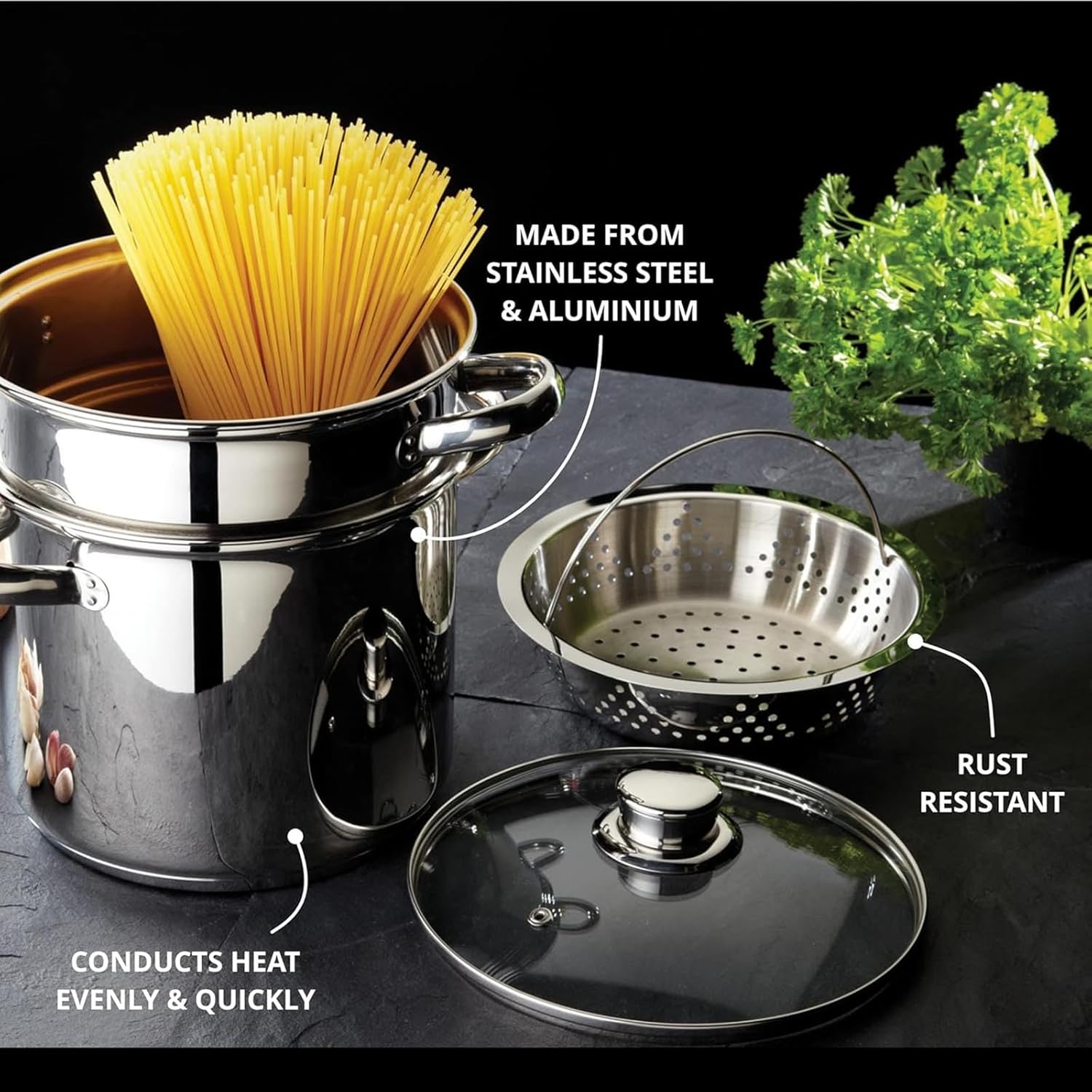 Stainless Steel Pasta Pot Set with Strainer for Boiling Pasta Steaming Vegetables