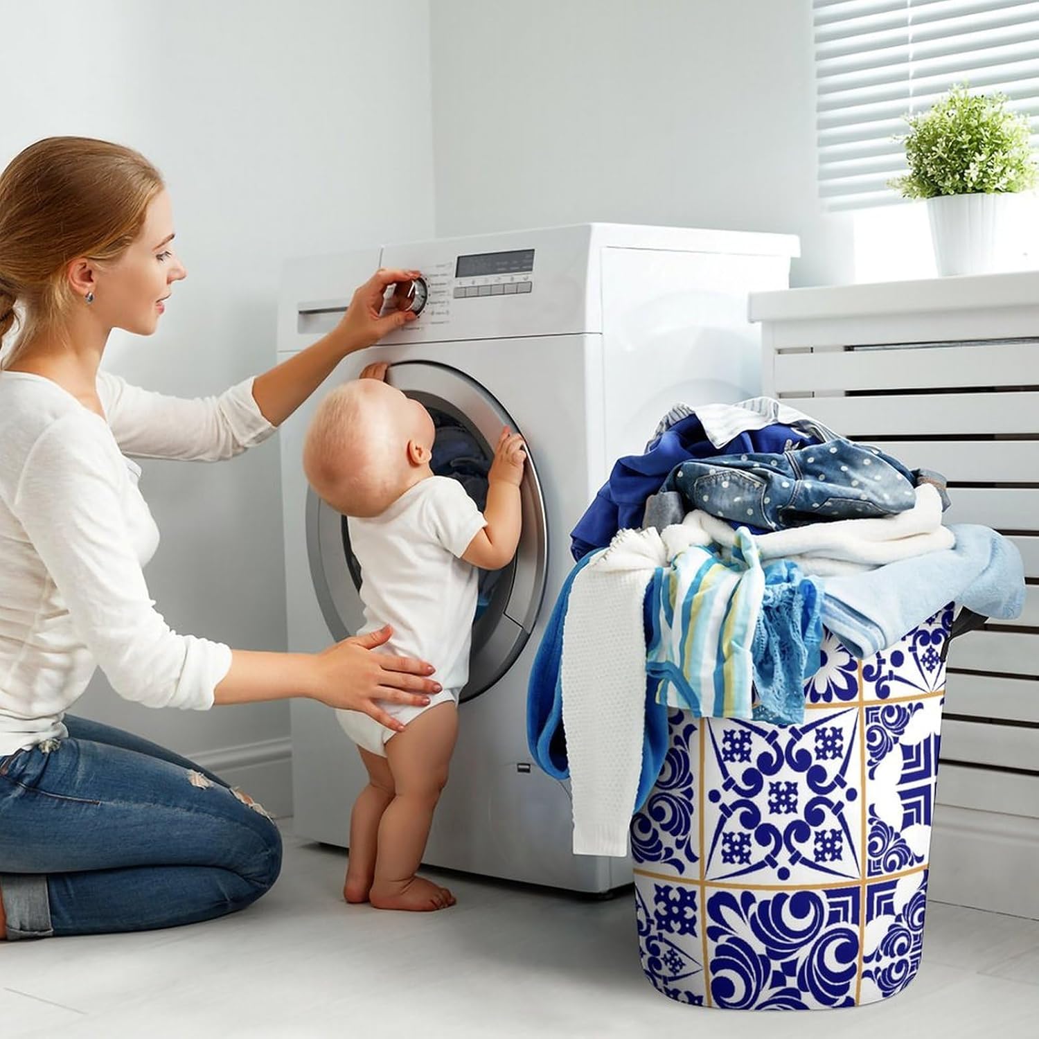MEIKKO Blue Patchwork Tile Laundry Hamper