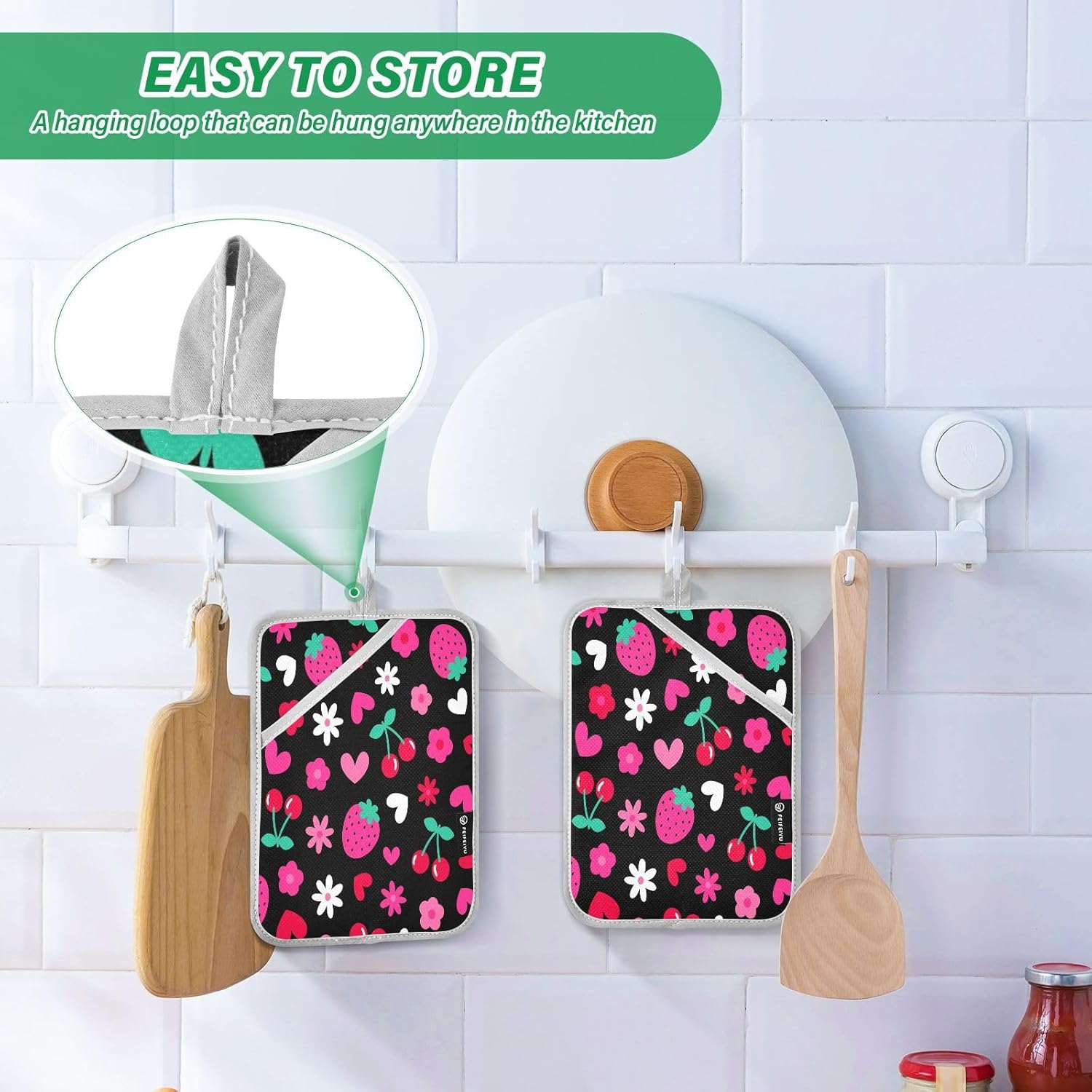 Kacldeci 2-Piece Strawberry Cherry Heart Potholders Heat-Resistant Oven Mitts