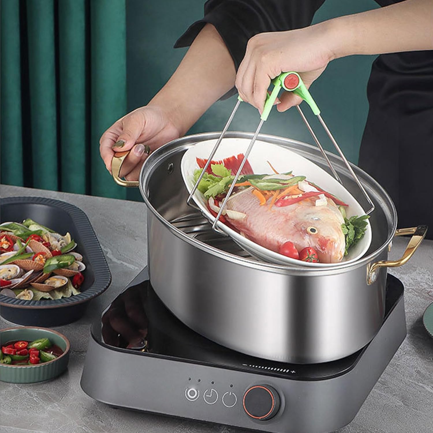 Stainless Steel Fish Steamer Premium Grade Large Capacity Gold Handle