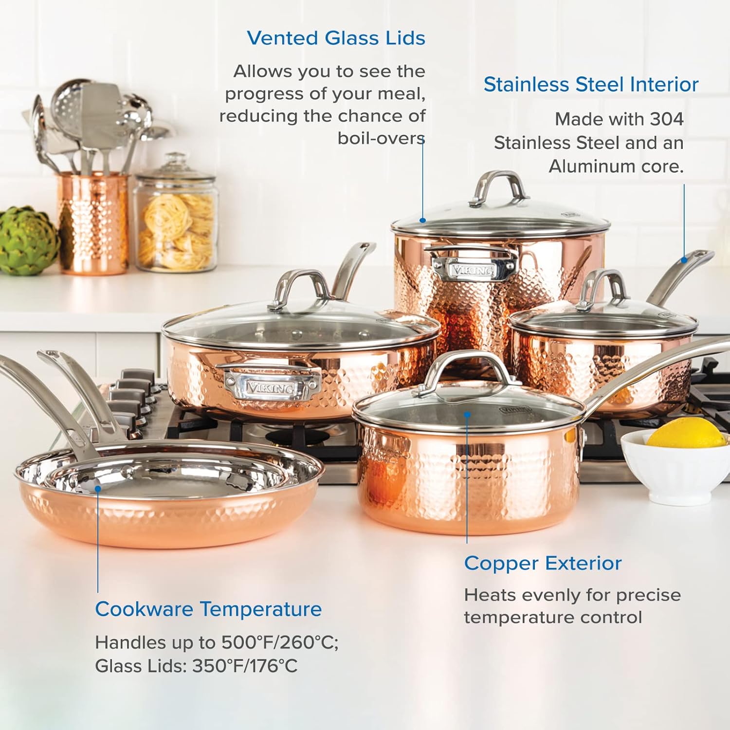 Viking 3-Ply 10-Piece Copper Cookware Set with Glass Lids