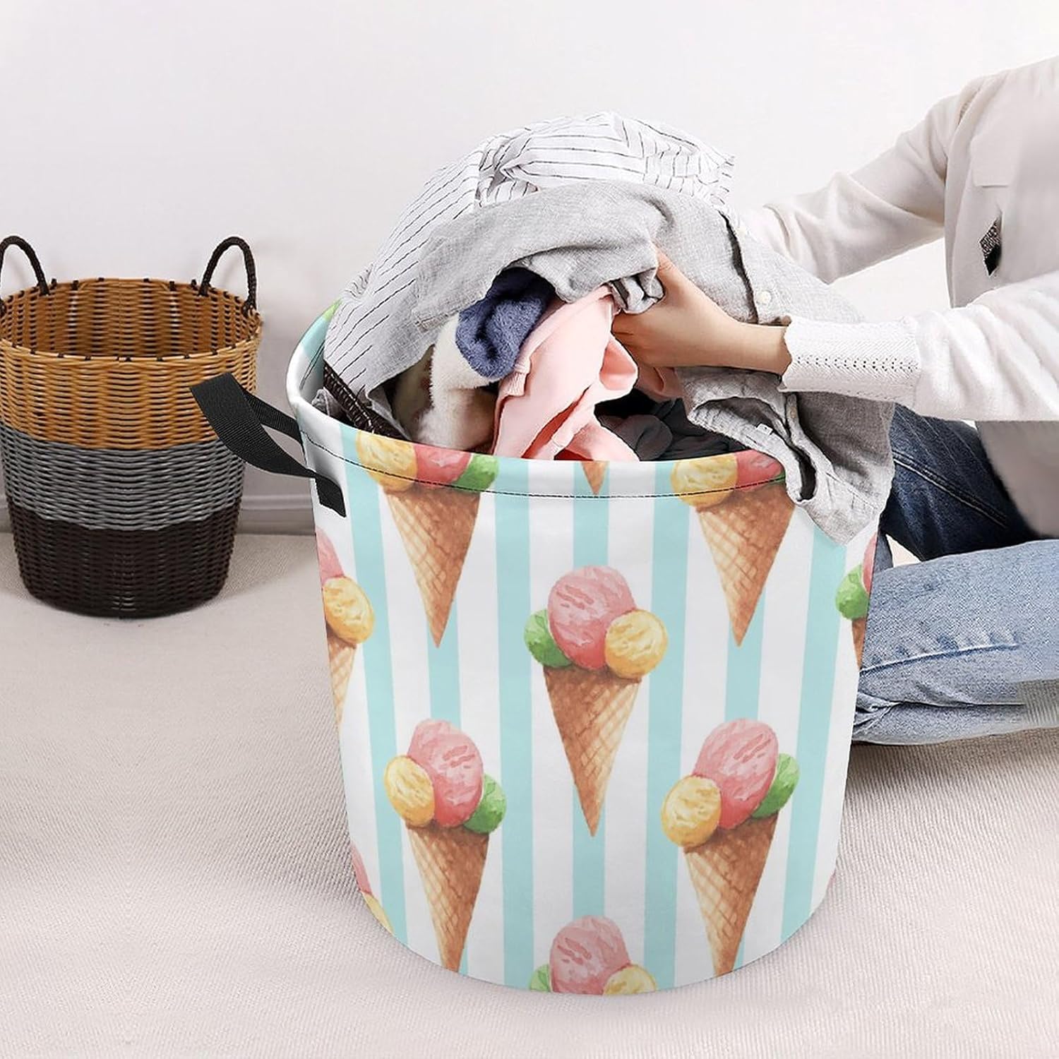 MEIKKO Cute Ice Cream Laundry Hamper - _waterproof Organizer for Dimensional-storage