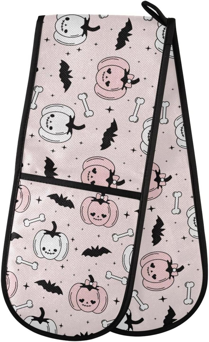 SUSIYO Double Oven Mitts Pink Halloween Pumpkins Bats