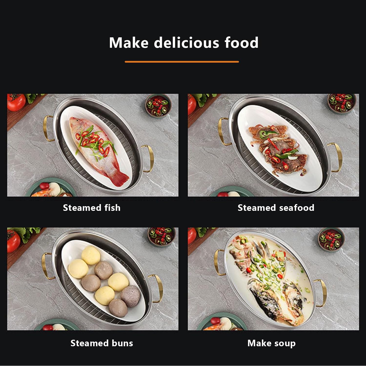 Stainless Steel Fish Steamer Premium Grade Large Capacity Gold Handle