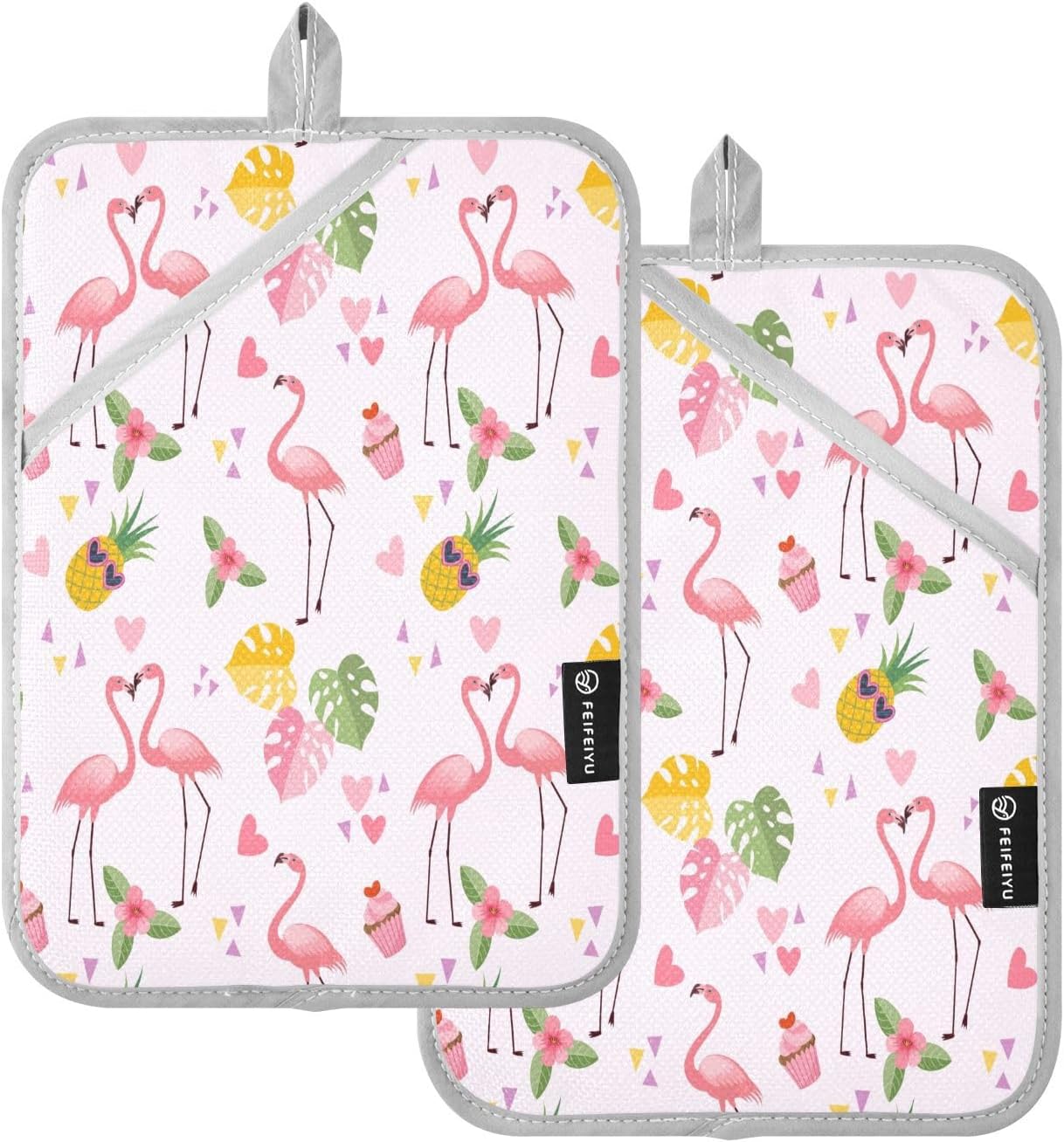 Cute Flamingo 2-Piece Heat Resistant Potholders with Heart Shape