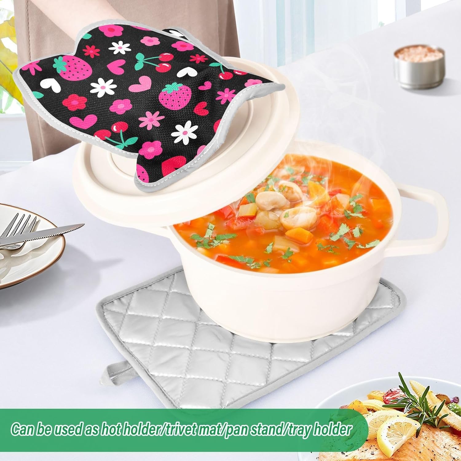 Kacldeci 2-Piece Strawberry Cherry Heart Potholders Heat-Resistant Oven Mitts