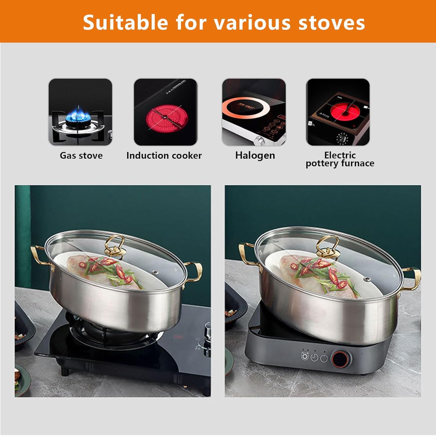 Stainless Steel Fish Steamer Premium Grade Large Capacity Gold Handle