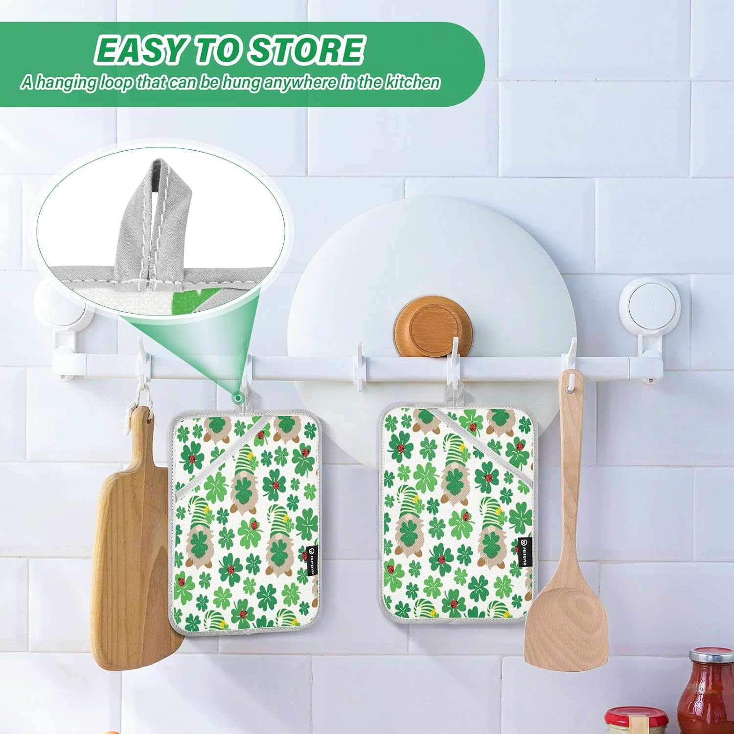 Kcldeci Lucky Green Clover Leaves with Gnomes Heat Resistant Potholders