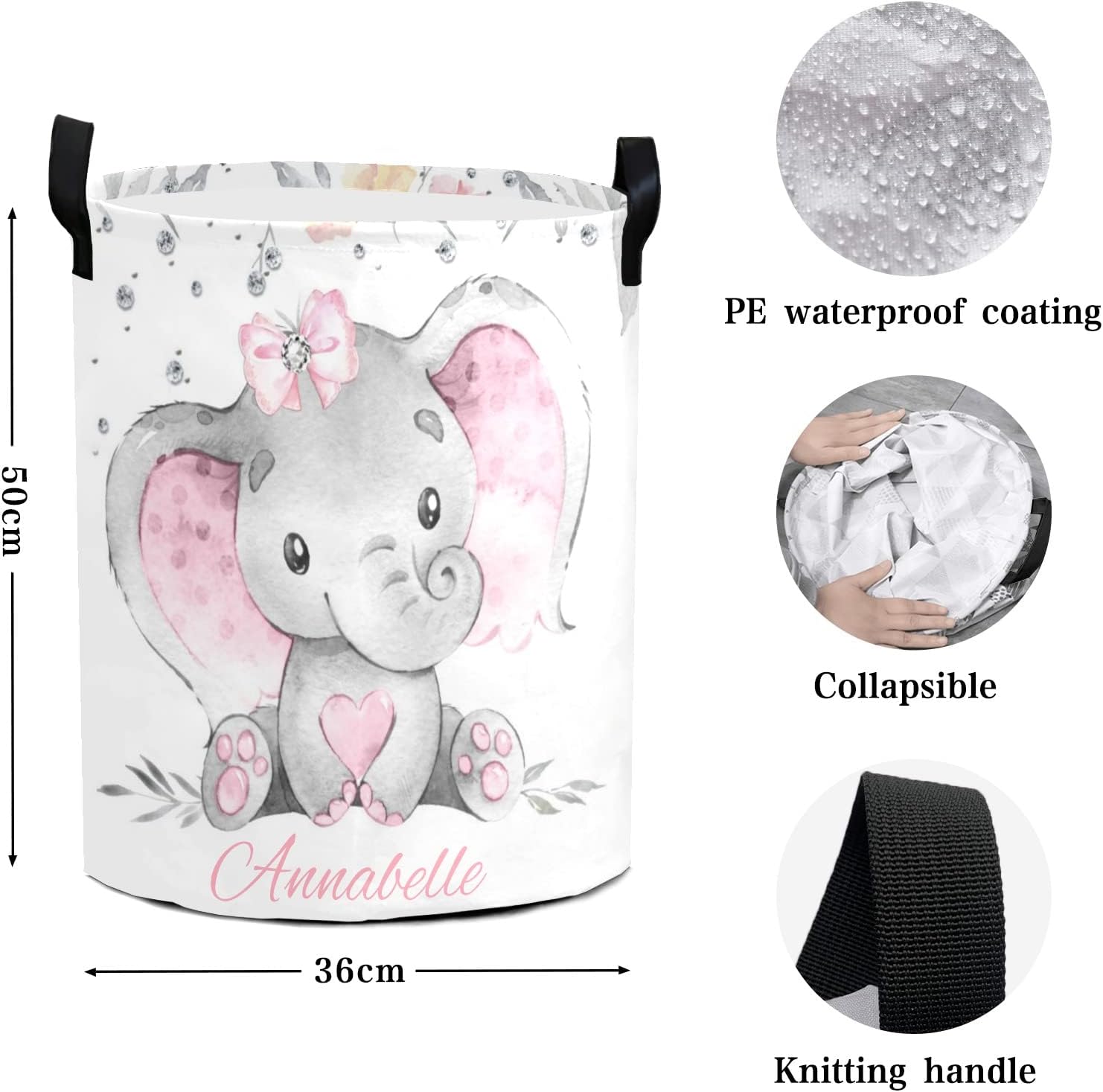 Personalized Pink Gray Elephant Laundry Basket - Compact Water Resistant