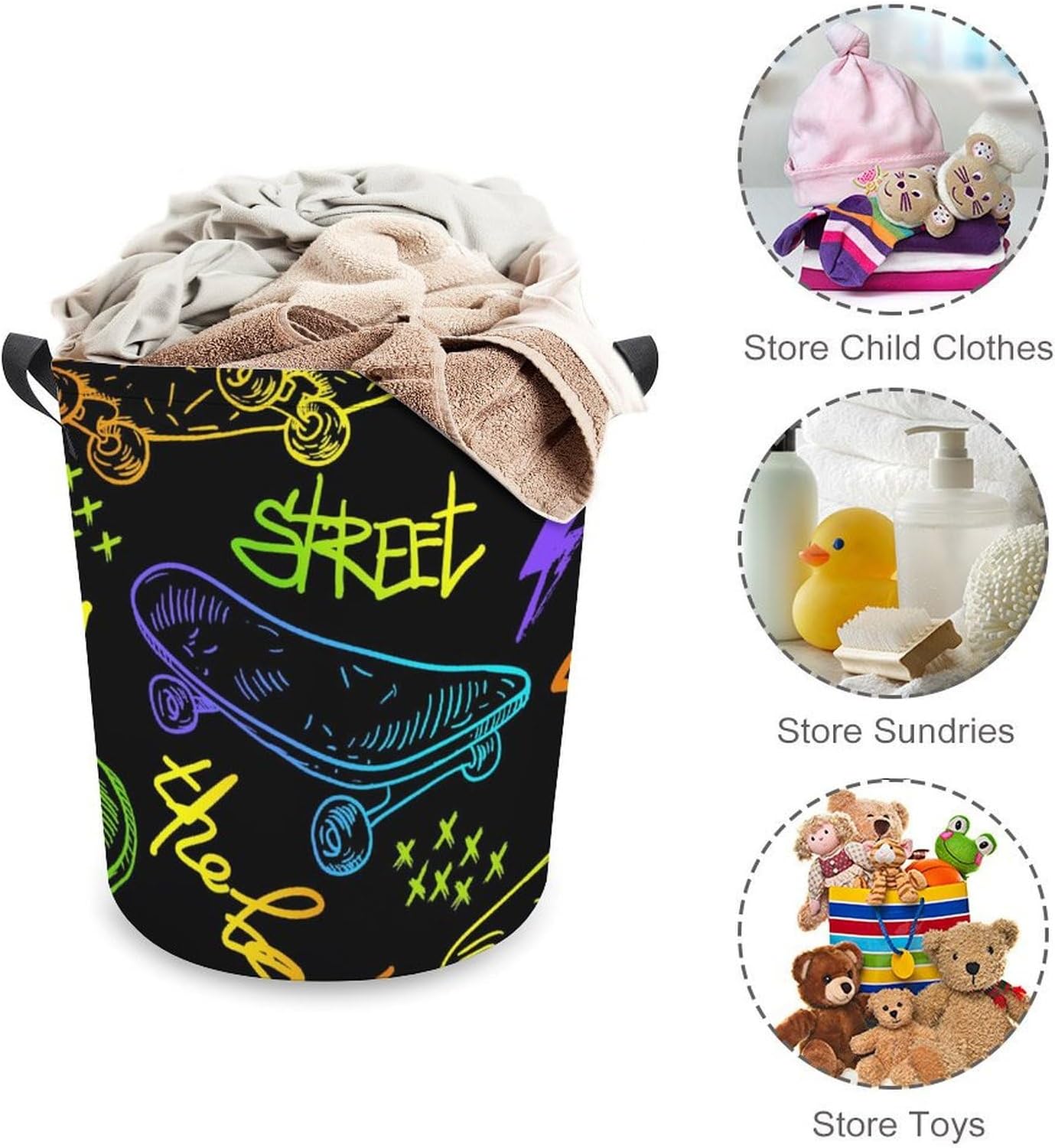 Colourful Skateboard Laundry Hamper Urban Style Waterproof Clothes Basket with Handles