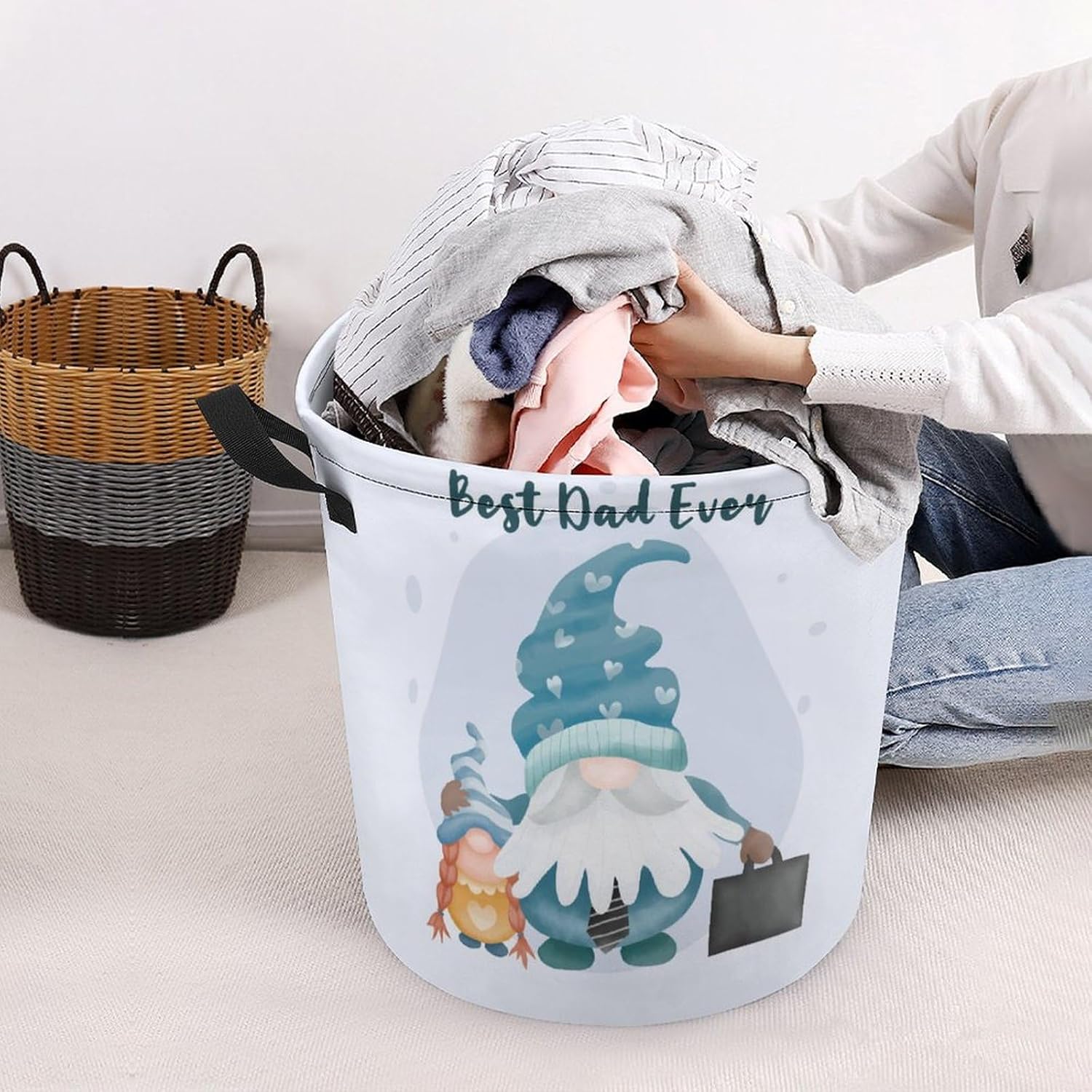 Fathers Day Quote Waterproof Gnome Laundry Hamper with Easy Carry Handles