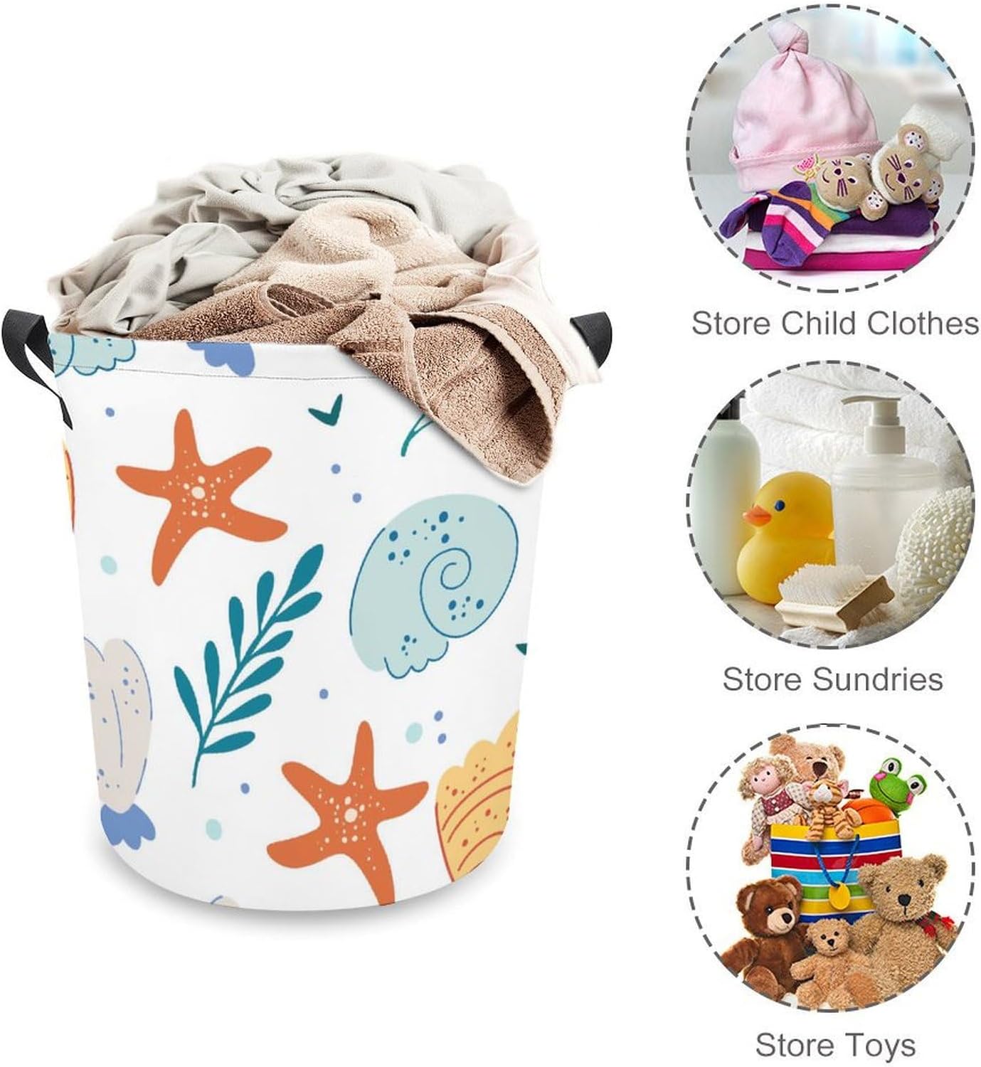 Cute Ocean Waterproof Laundry Hamper with Easy Carry Handles for Home Travel