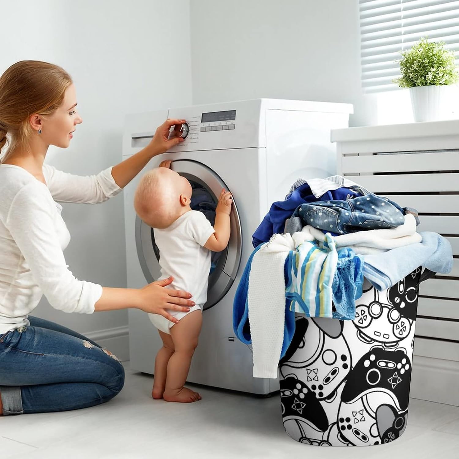 Black and White Joysticks Laundry Baskets Waterproof Durable Collapsible