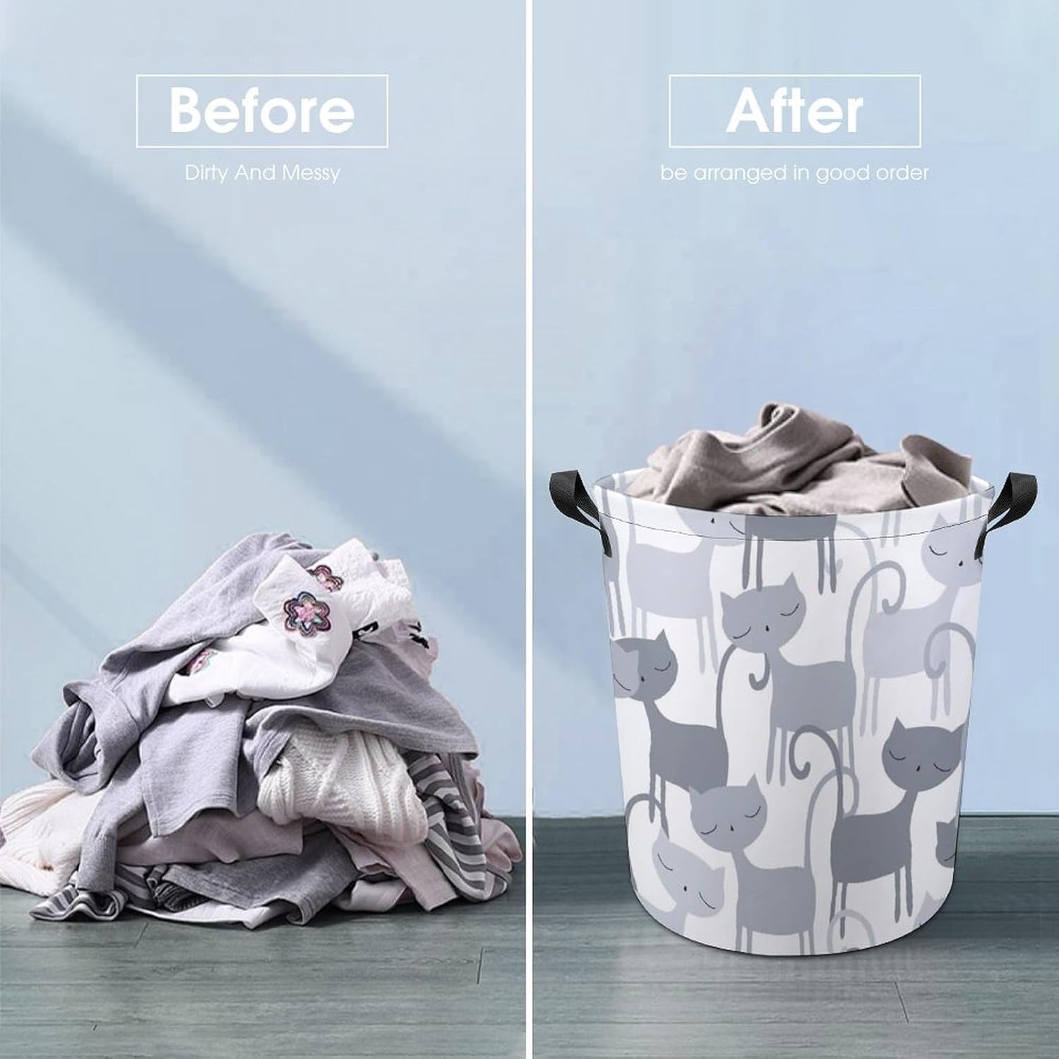 MEIKKO Grey Cat Pattern Laundry Basket with Waterproof Coating