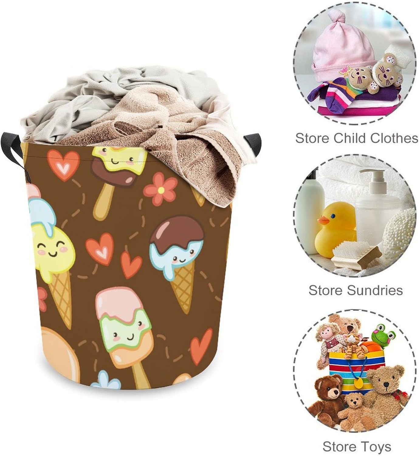 Cute Ice Creams Flower Laundry Hamper Waterproof Durable Mesh Basket