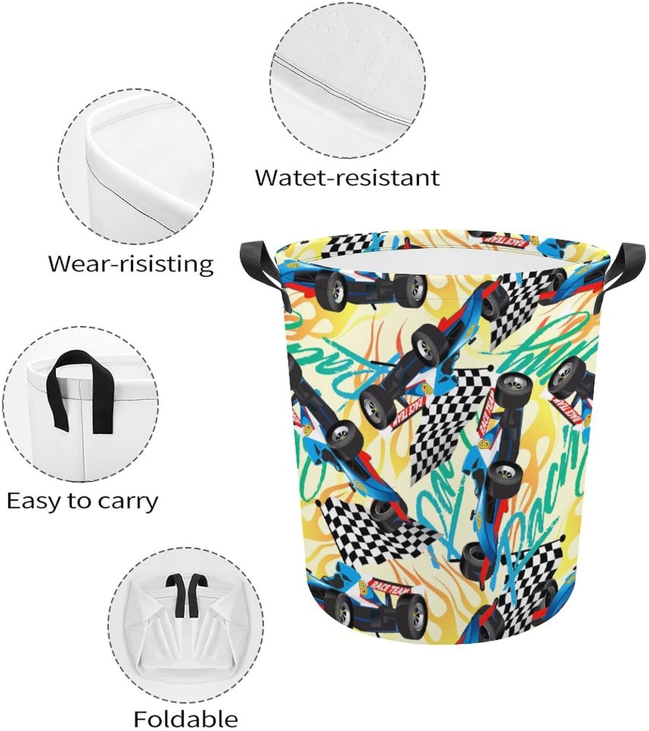 Racing with Checkered Flag Laundry Hamper Waterproof Clothes Basket with Easy Carry Handles