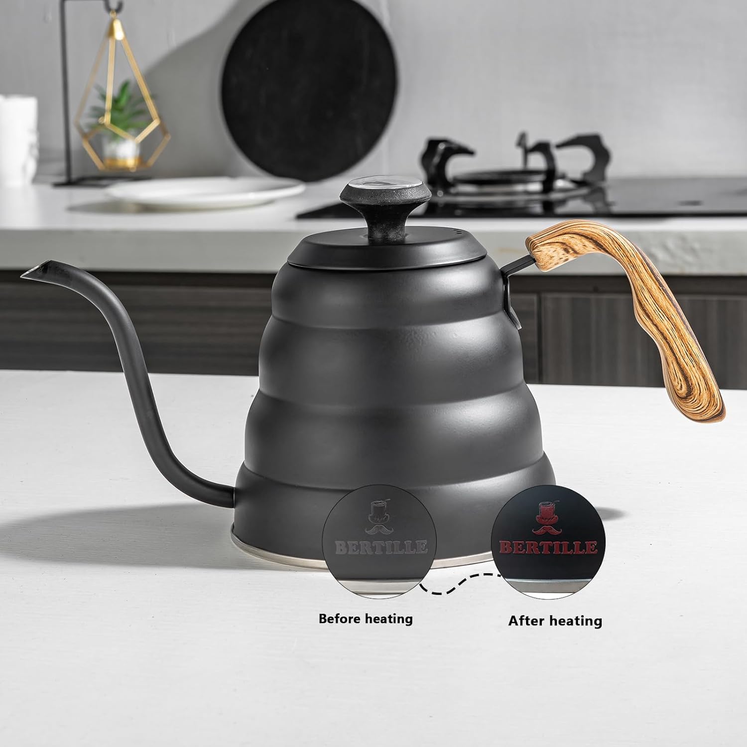 BERTILLE Gooseneck Coffee Kettle with Thermometer 40 fl oz Stainless Steel Ergonomic Handle