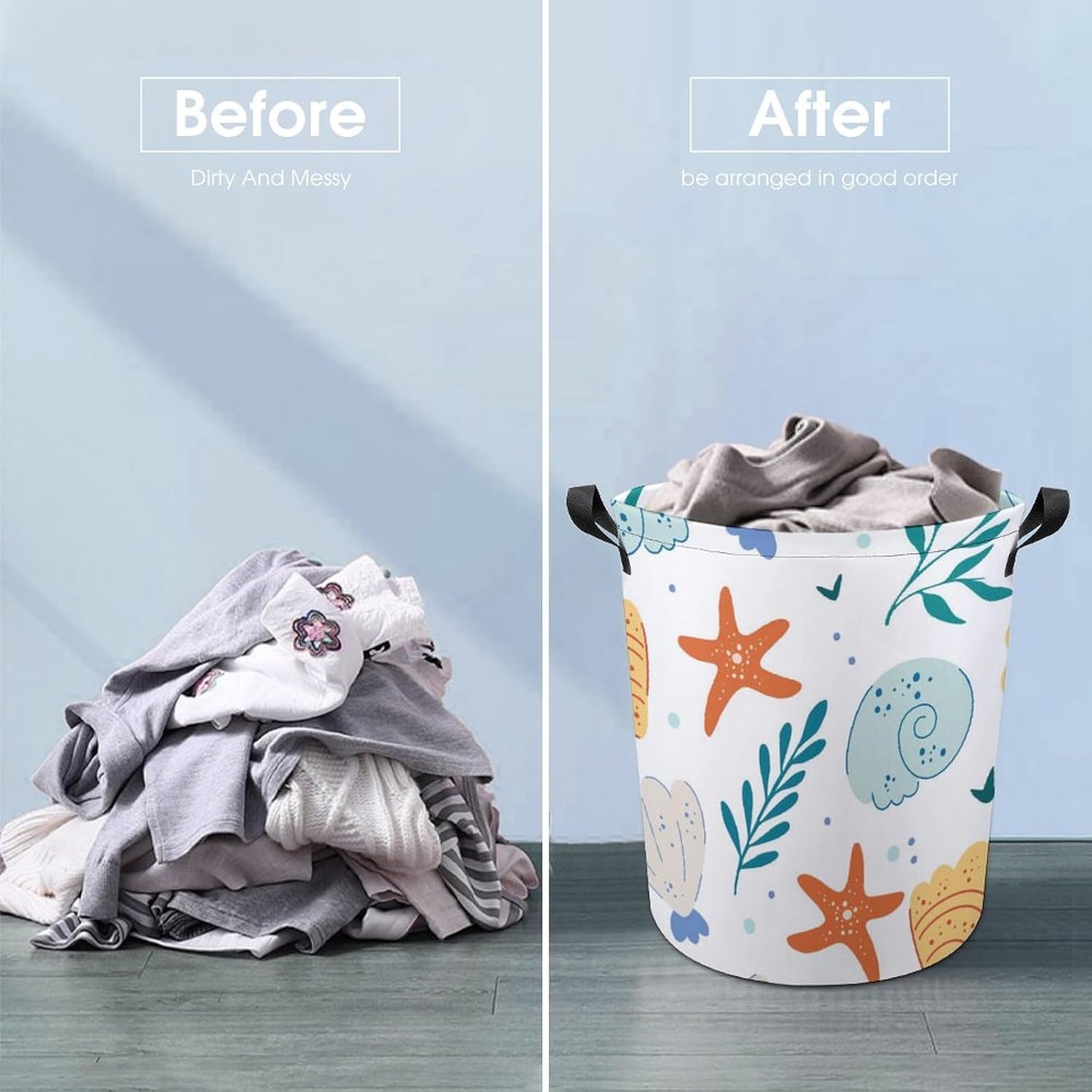 Cute Ocean Waterproof Laundry Hamper with Easy Carry Handles for Home Travel
