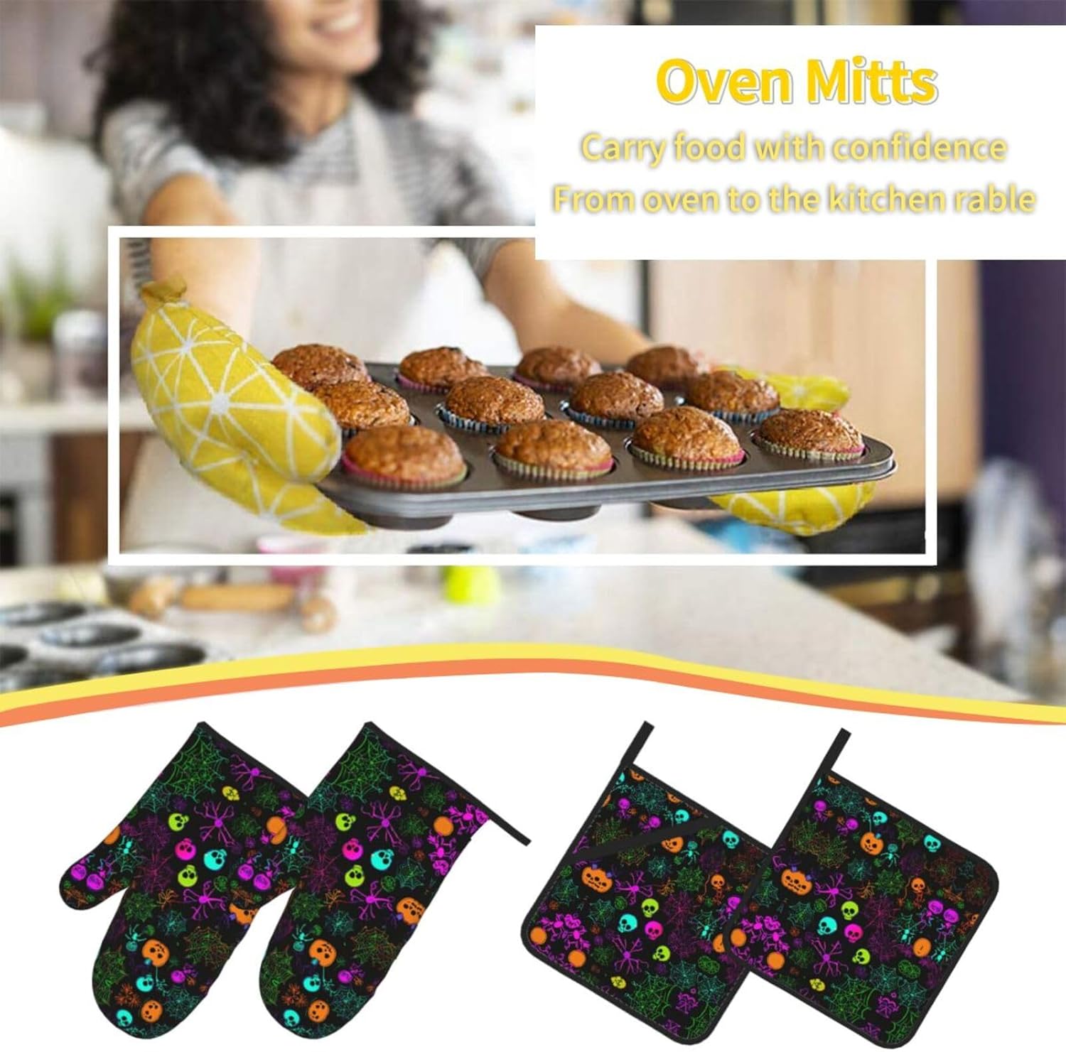 Halloween Skull Print Oven Mitts Set of 4