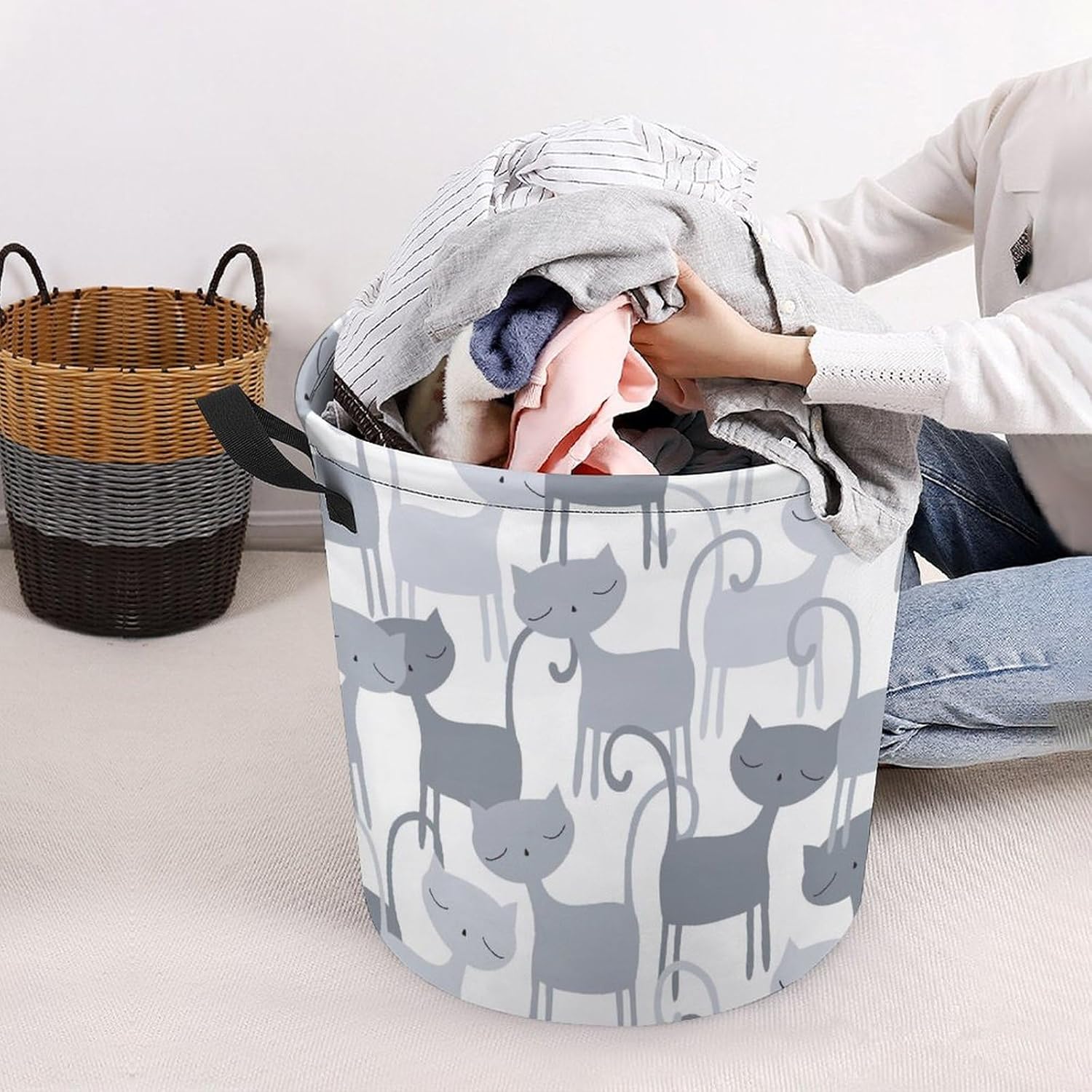 MEIKKO Grey Cat Pattern Laundry Basket with Waterproof Coating