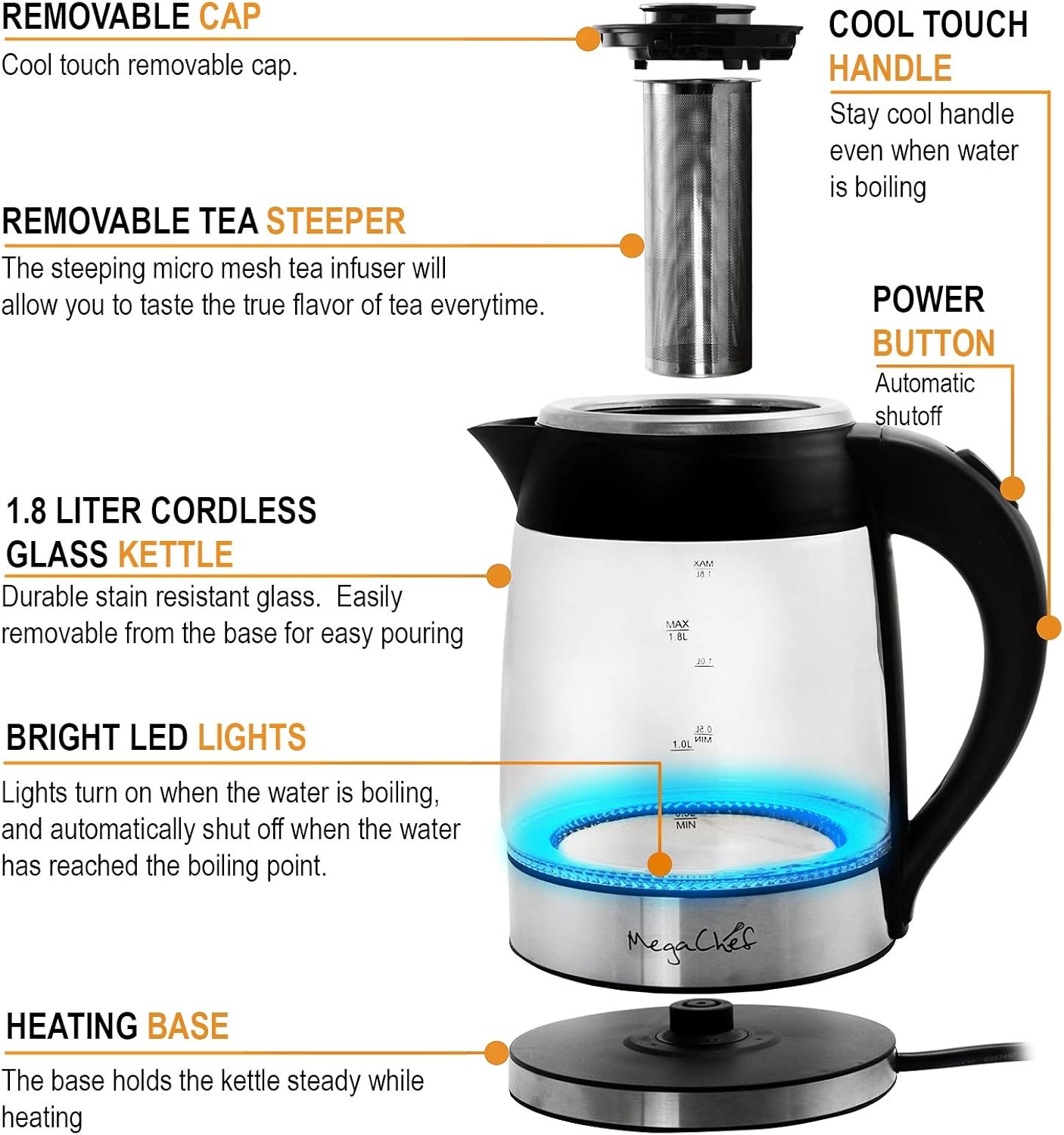 Megachef 18L Glass Electric Tea Kettle with Infuser