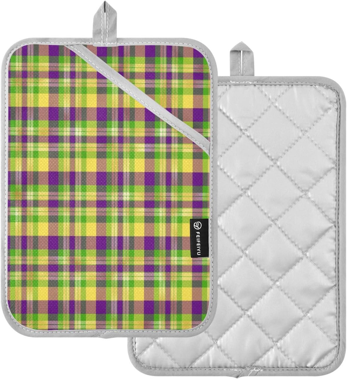 Kcldeci Mardi Gras Plaid Heat-Resistant Potholder Set 2-Pack