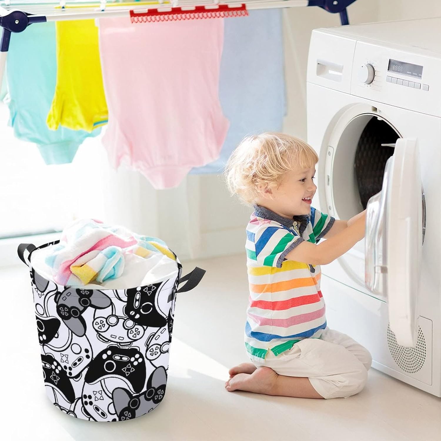 Black and White Joysticks Laundry Baskets Waterproof Durable Collapsible