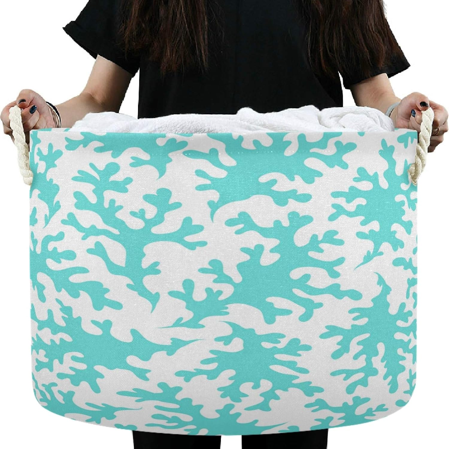 Visesunny Blue Coral Collapsible Laundry Basket with Cotton Handles