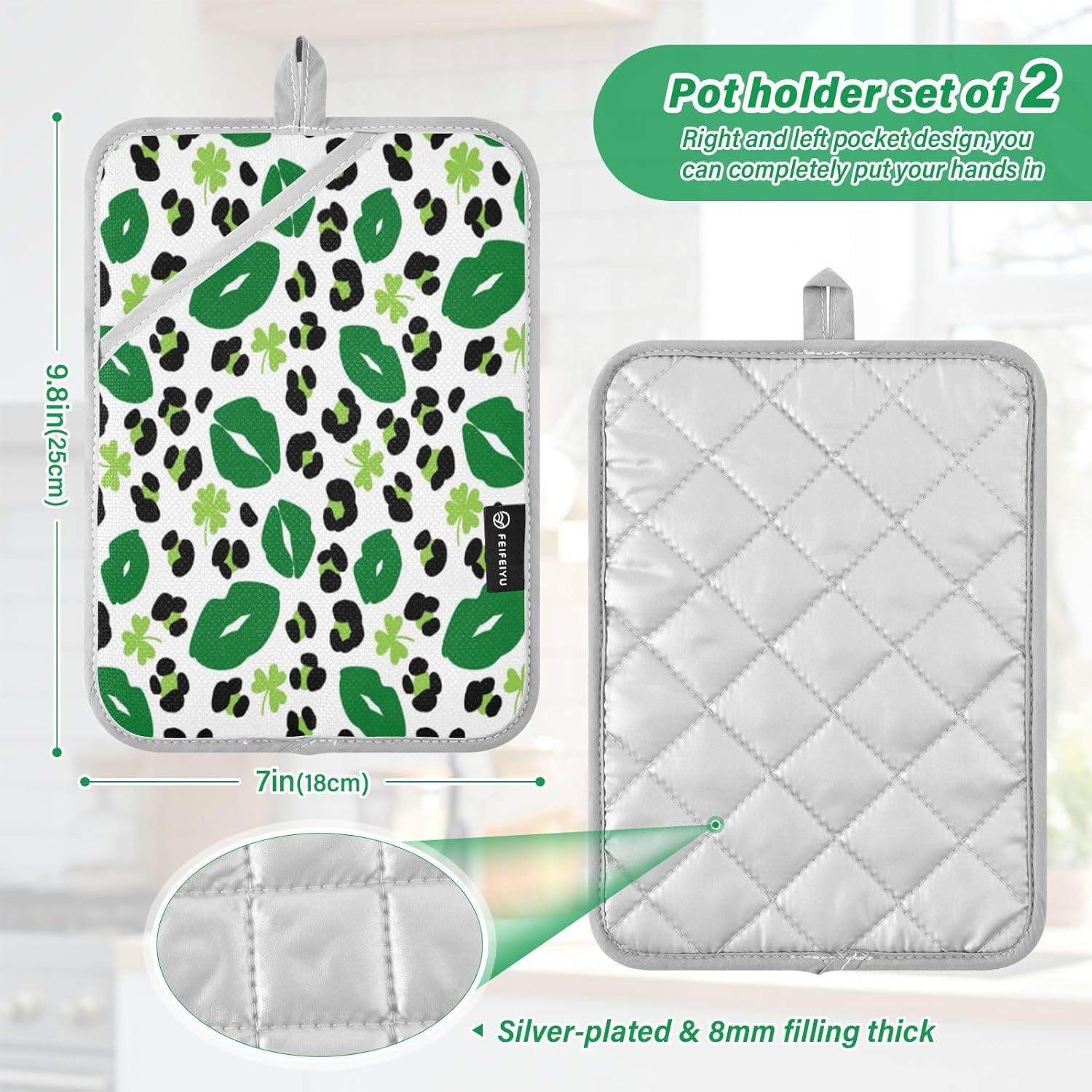 KCldeci Green Lips Leopard 2-Pack Heat-Resistant Potholders Oven Mitts