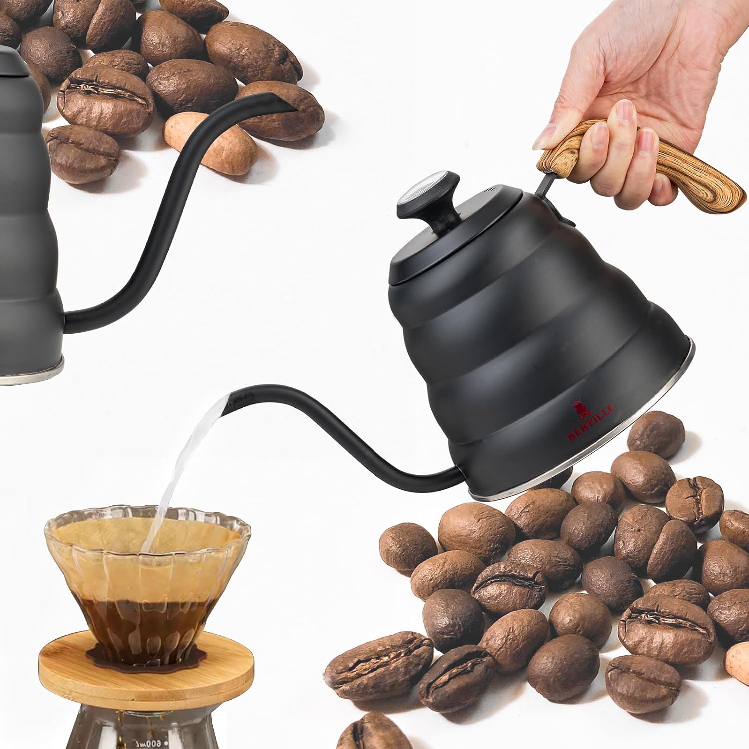BERTILLE Gooseneck Coffee Kettle with Thermometer 40 fl oz Stainless Steel Ergonomic Handle