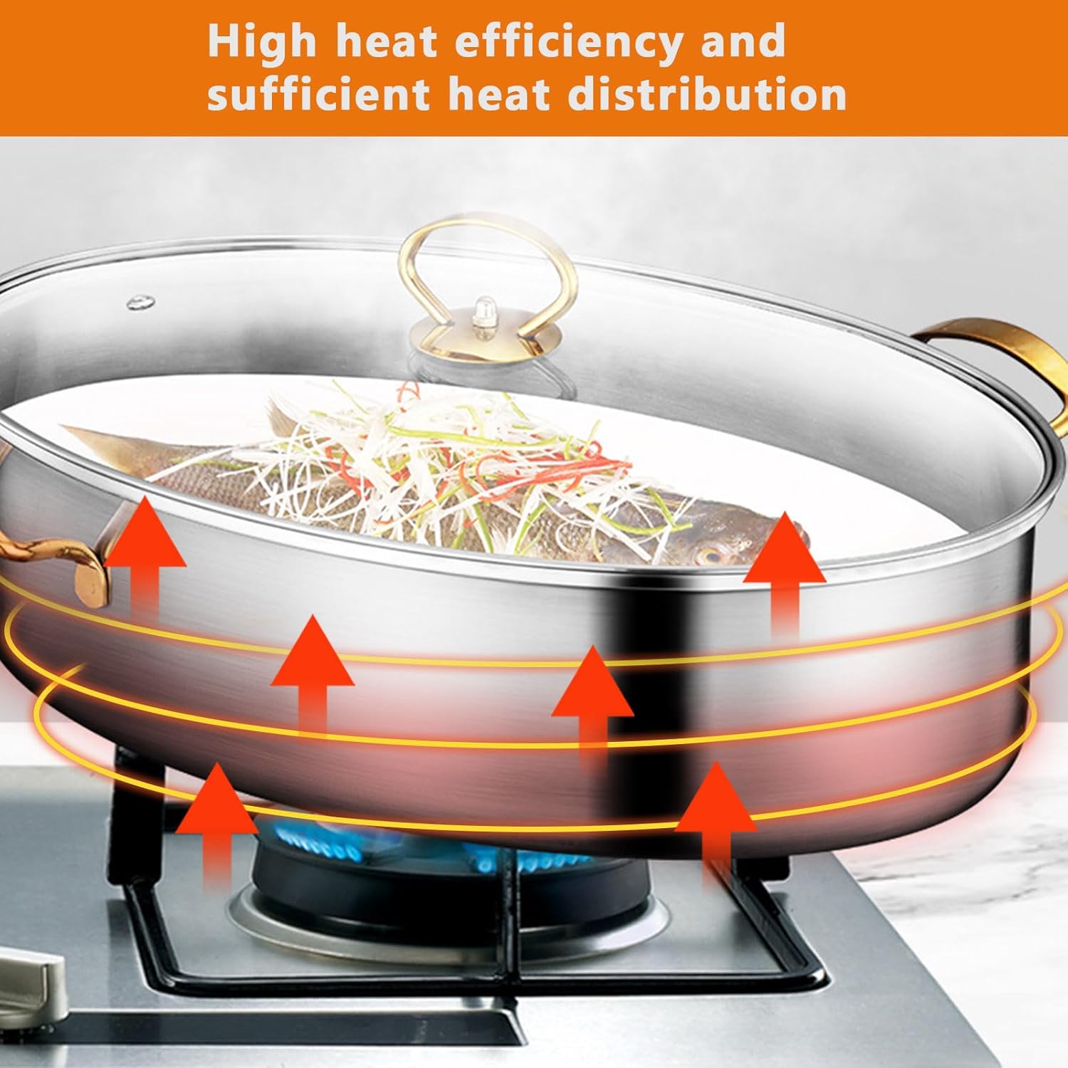 Stainless Steel Fish Steamer Premium Grade Large Capacity Gold Handle