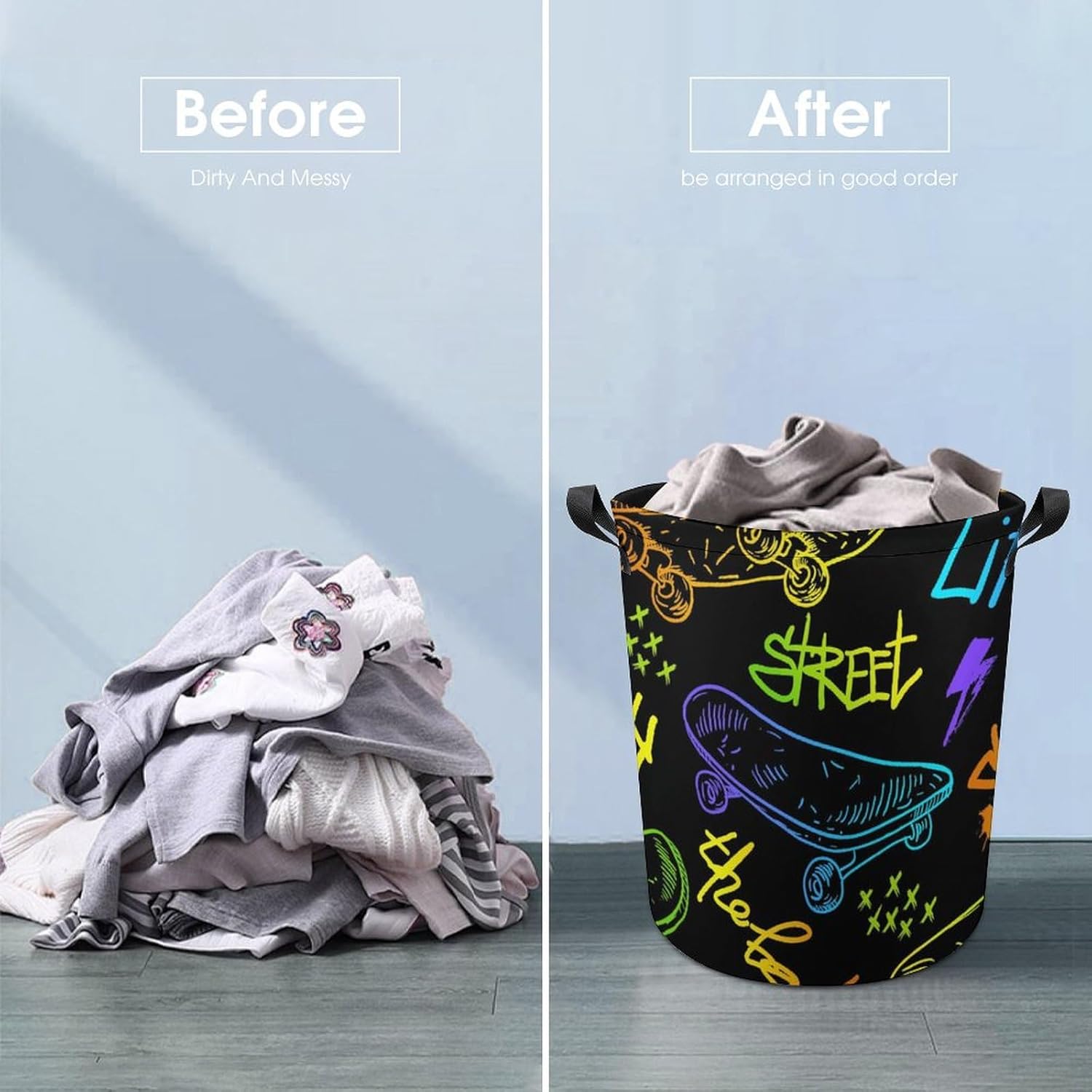 Colourful Skateboard Laundry Hamper Urban Style Waterproof Clothes Basket with Handles