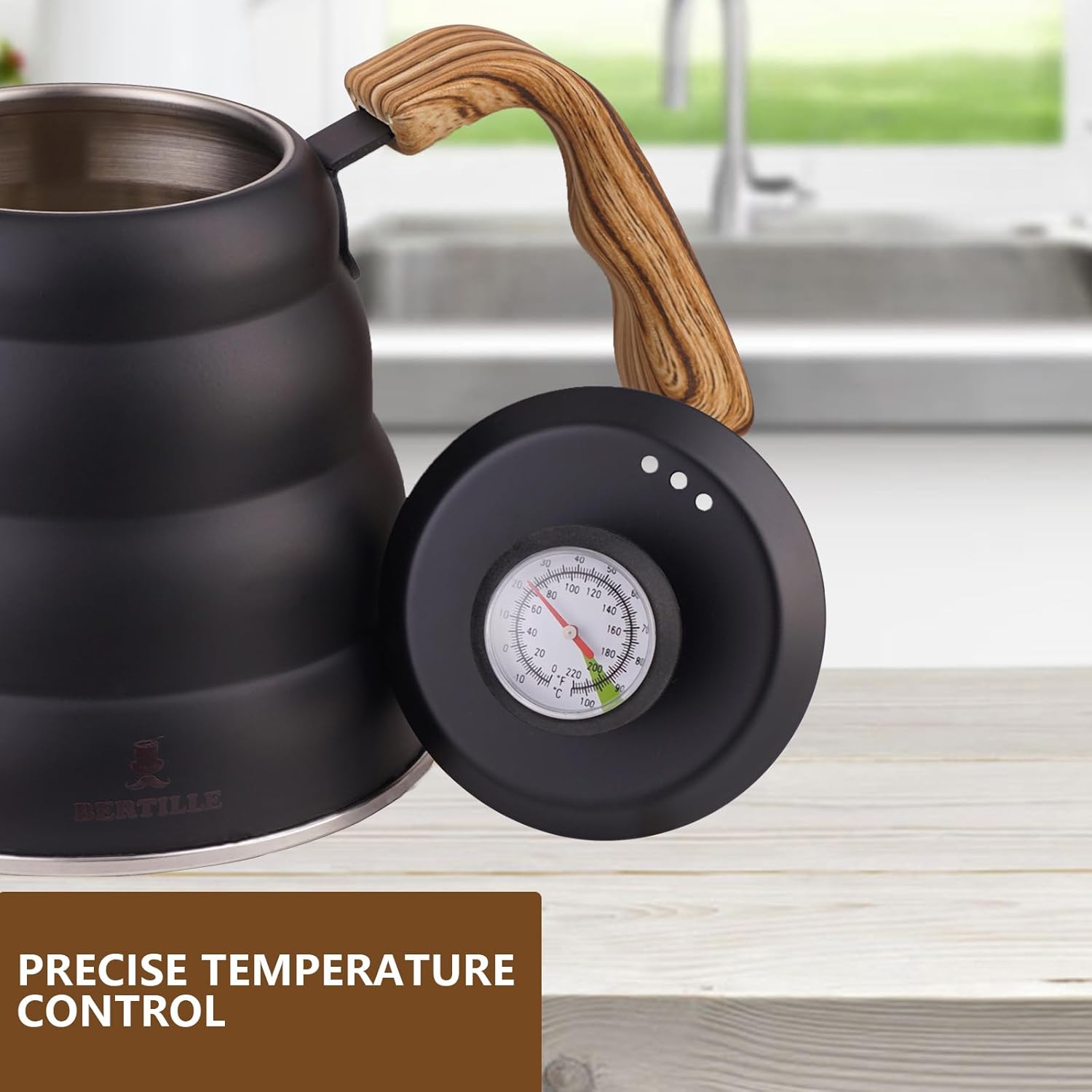BERTILLE Gooseneck Coffee Kettle with Thermometer 40 fl oz Stainless Steel Ergonomic Handle