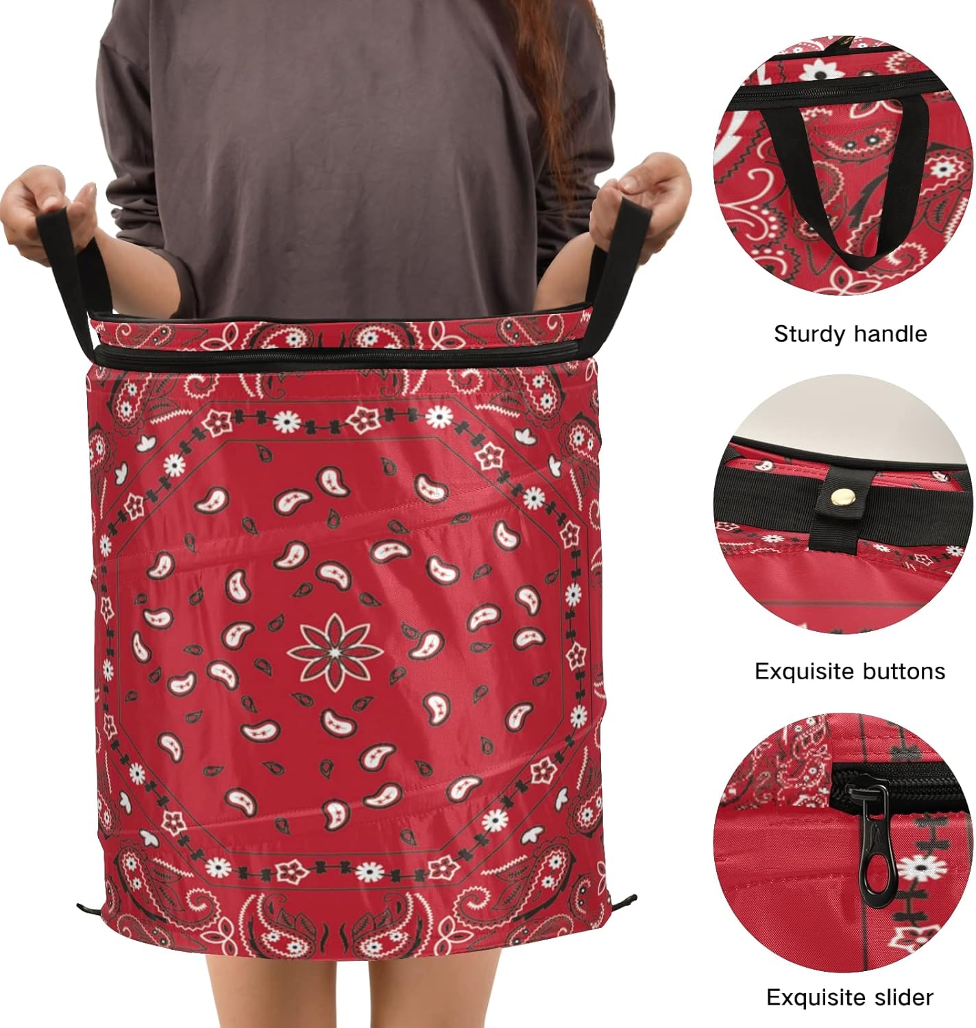 Red Bandana Print Paisley Laundry Hamper with Zipper Lid