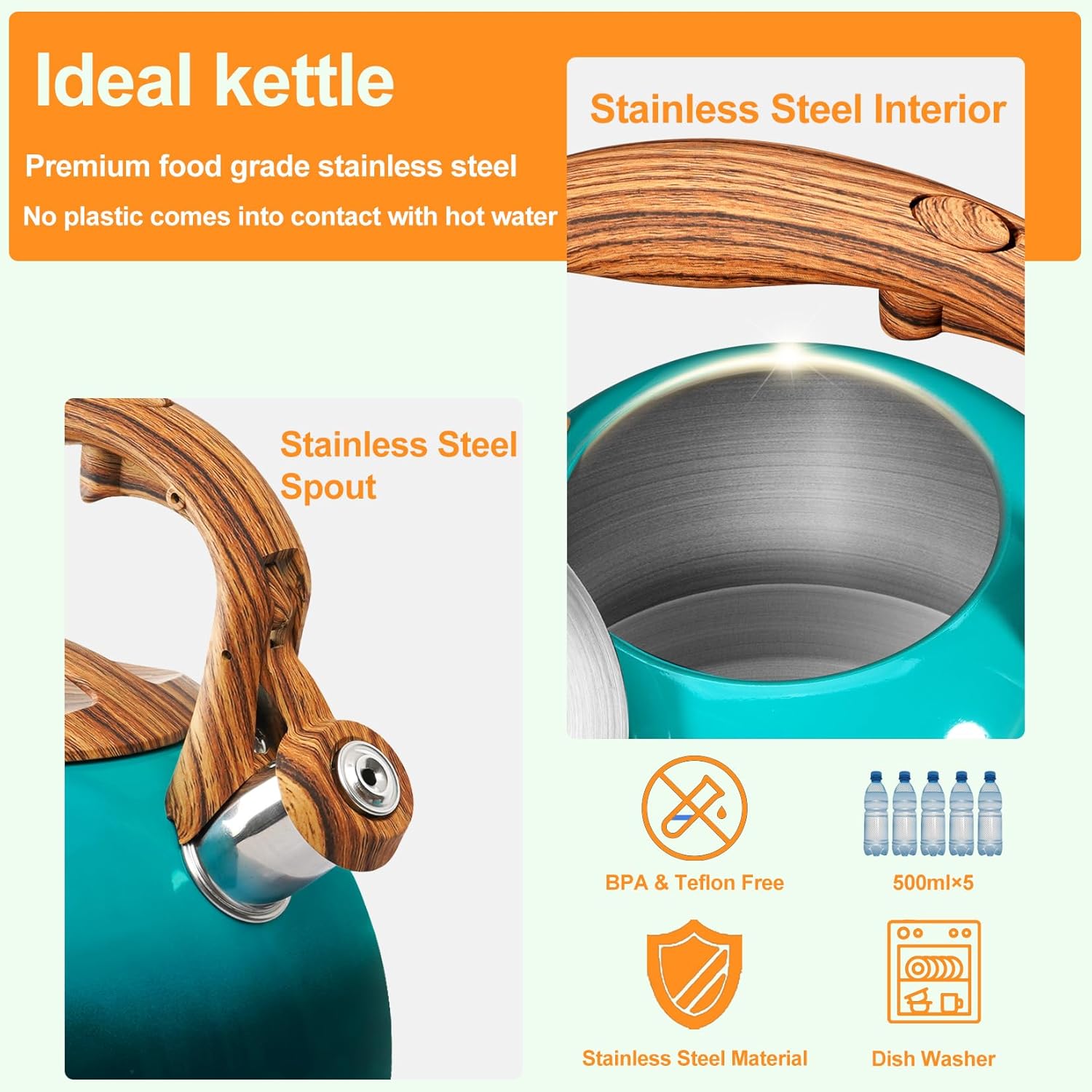 JEASOM Stainless Steel Tea Kettle Ergonomic Design Boiling Water
