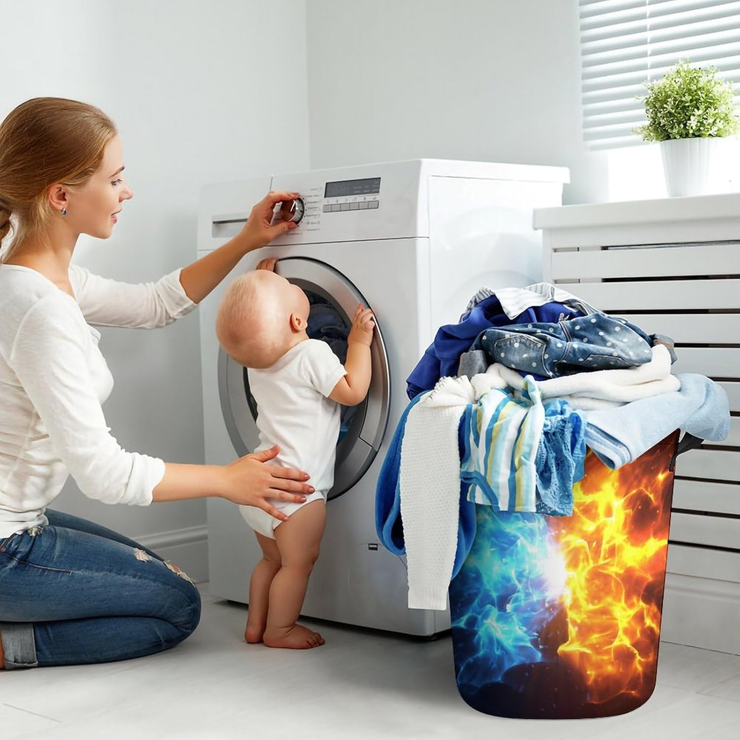 Crashing Blue and Red Flames Laundry Hamper