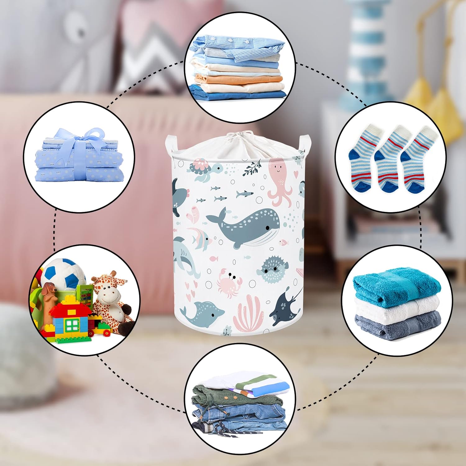 Clastyle Marine Animal Laundry Basket with Lid Perfect for Kids