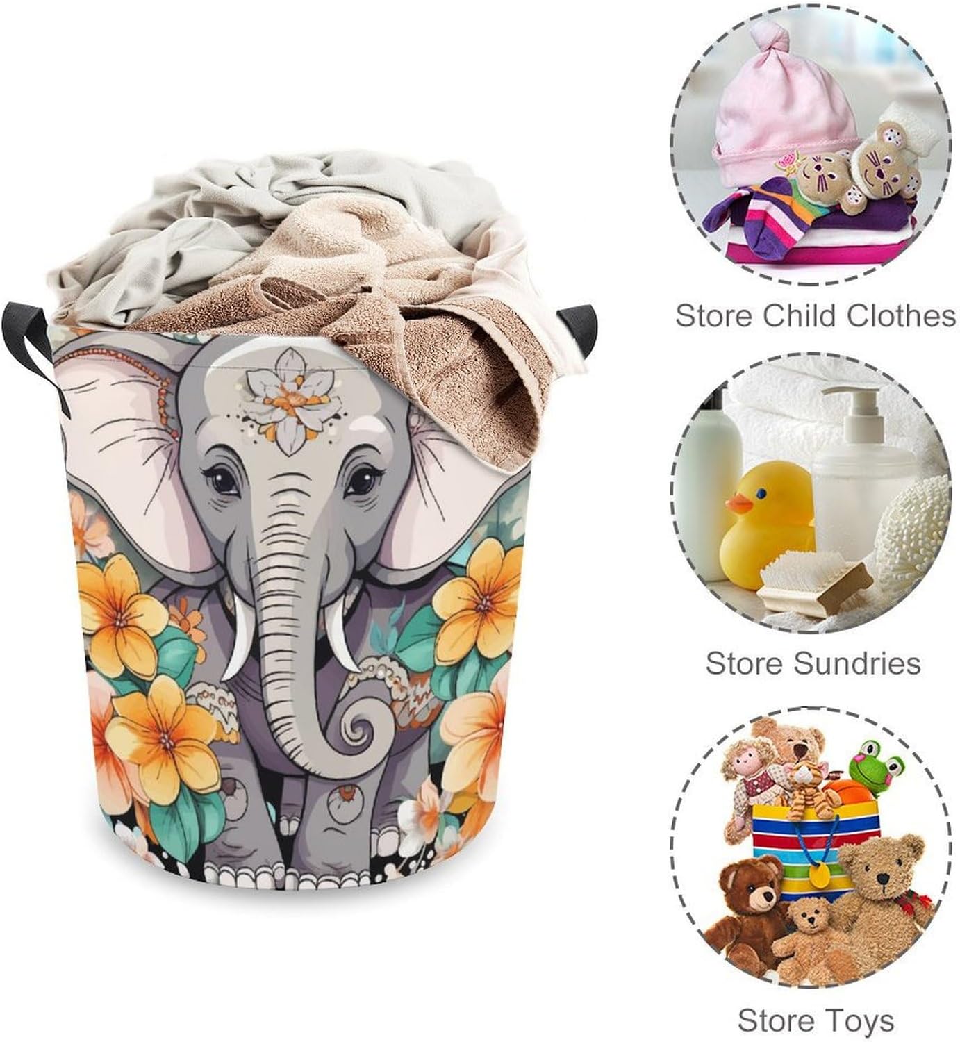 Waterproof Cartoon Elephant Laundry Hamper Cute Storage Basket for Home Kitchen