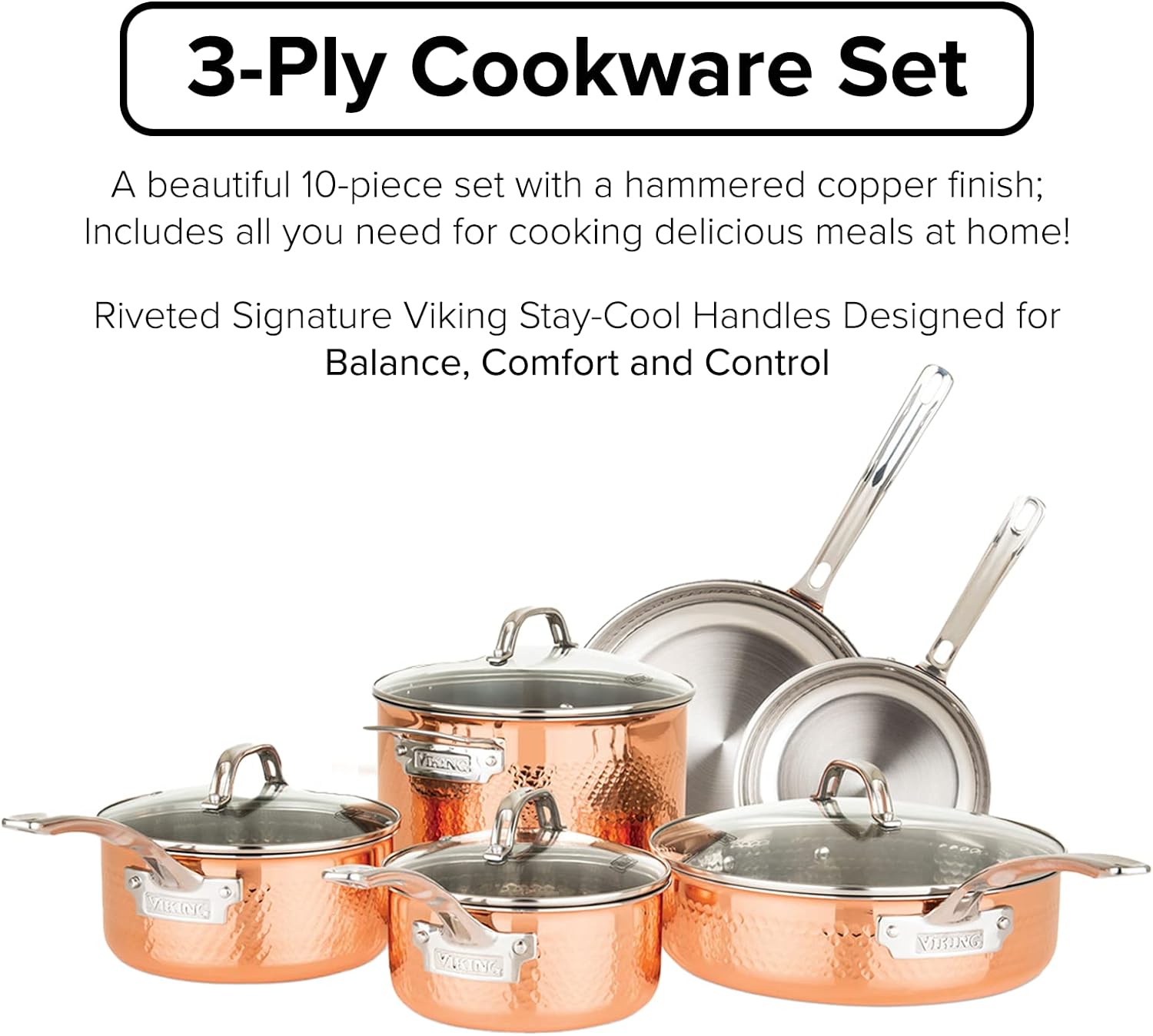 Viking 3-Ply 10-Piece Copper Cookware Set with Glass Lids
