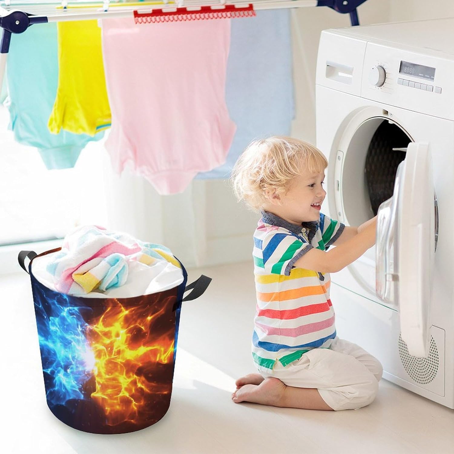 Crashing Blue and Red Flames Laundry Hamper