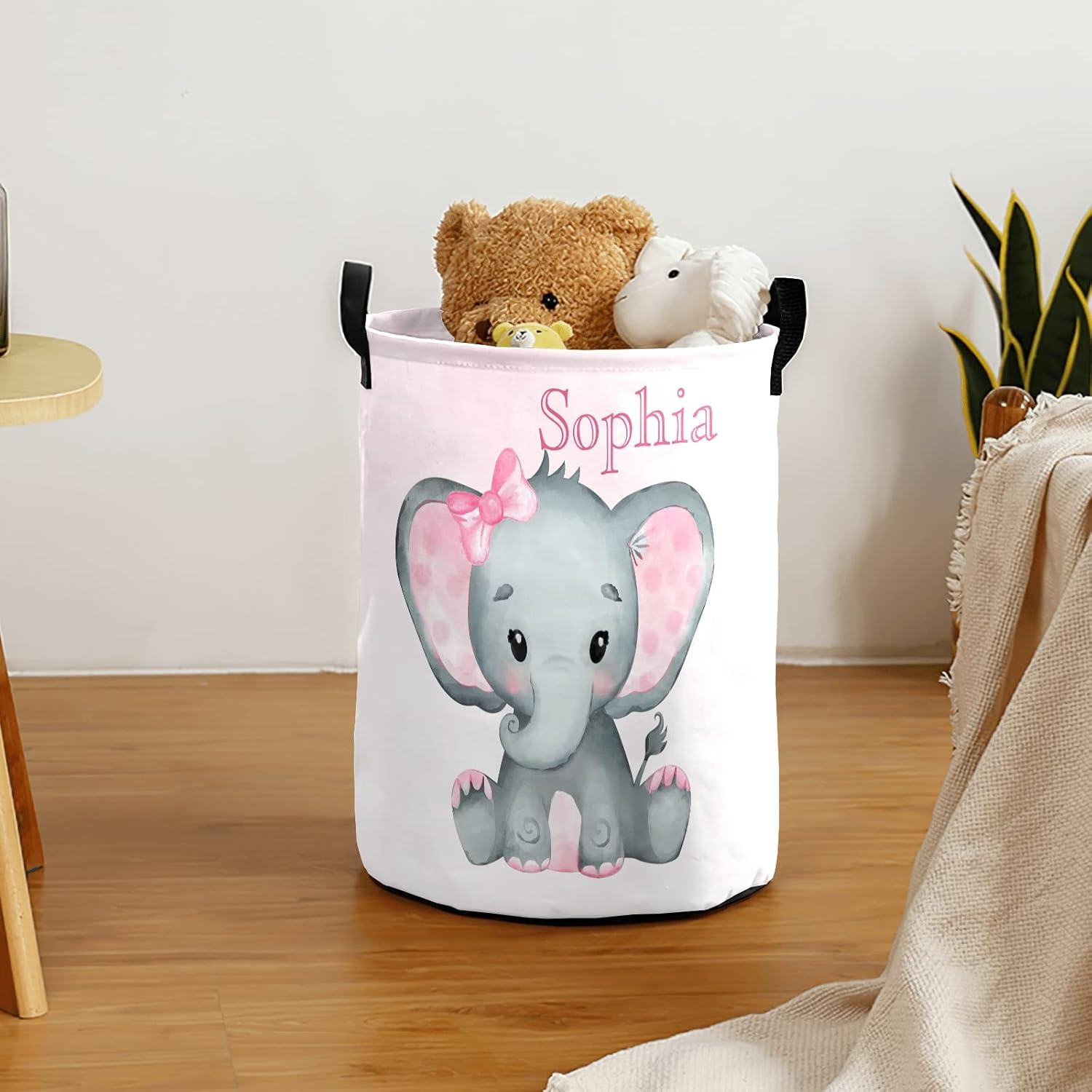 Cute Elephant Foldable Custom Name Large Laundry Basket for Kids and Babies