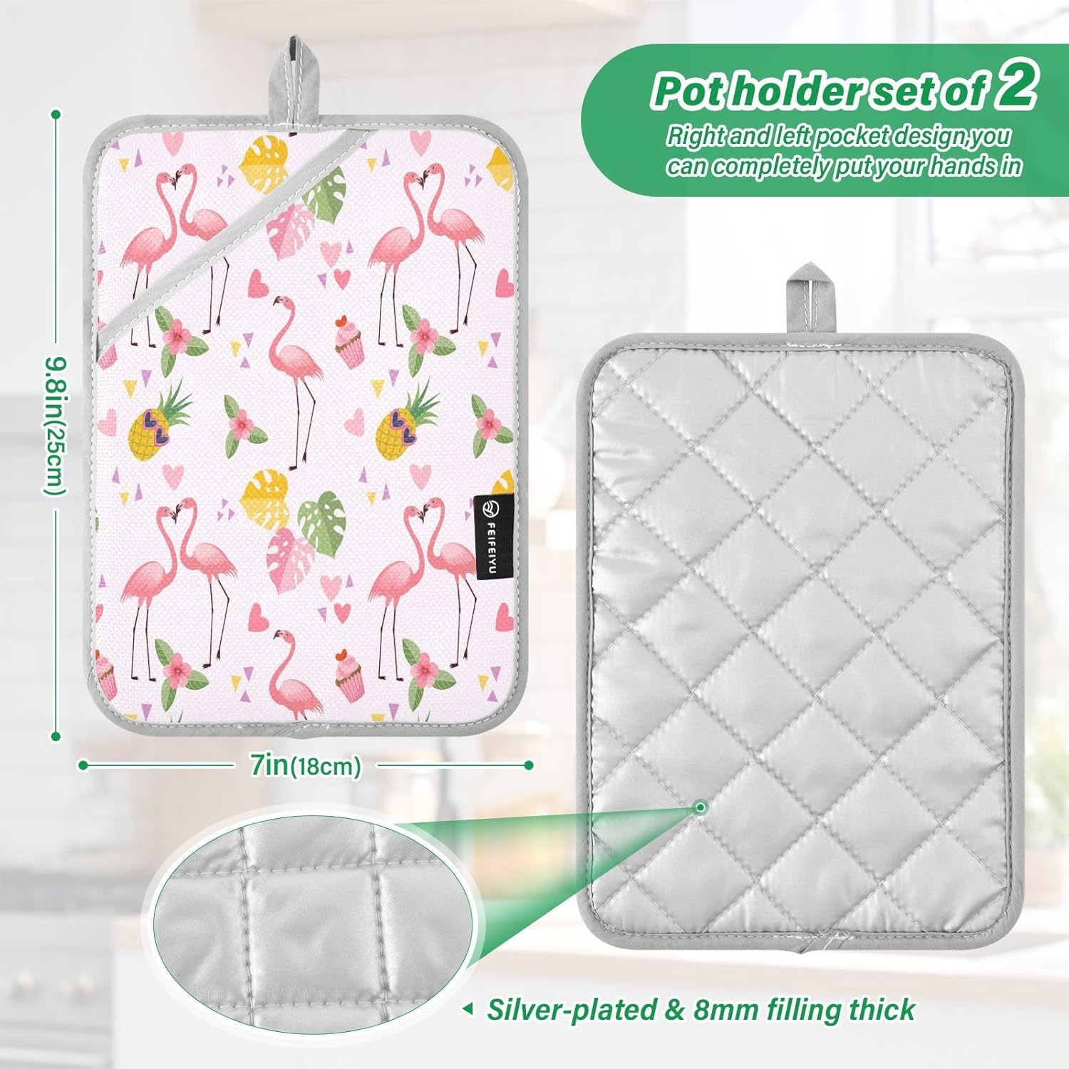 Cute Flamingo 2-Piece Heat Resistant Potholders with Heart Shape