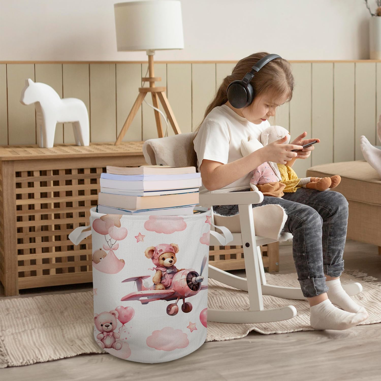 Briblaze Kids Laundry Basket with Pink Bear Design