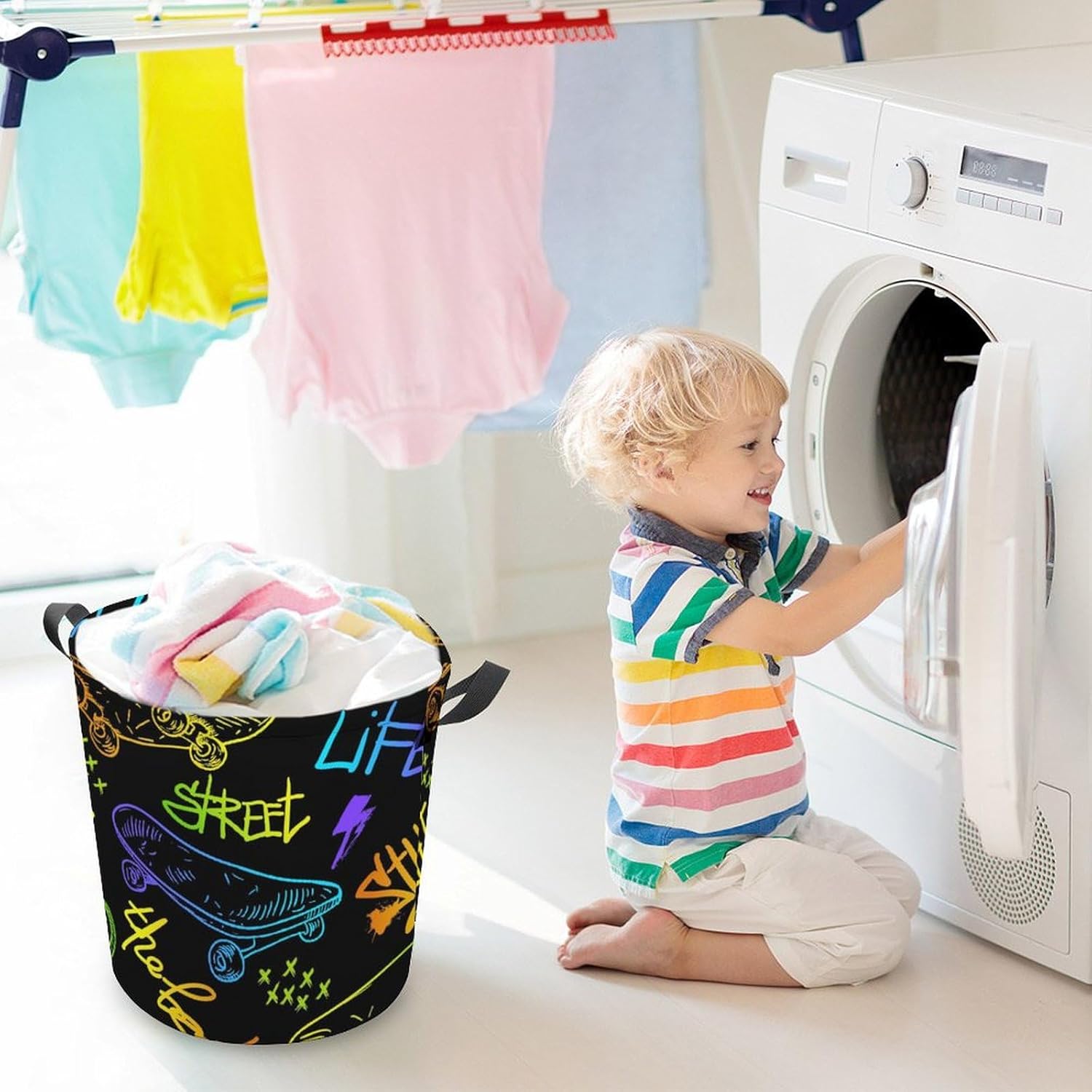Colourful Skateboard Laundry Hamper Urban Style Waterproof Clothes Basket with Handles