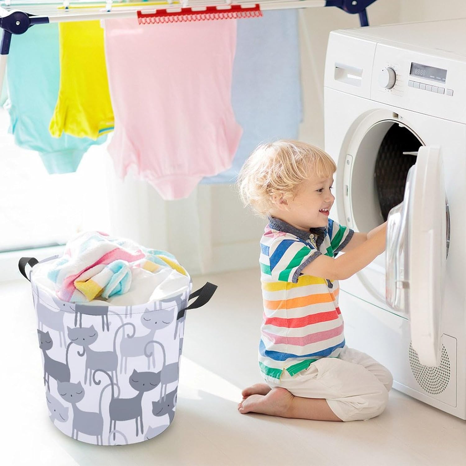 MEIKKO Grey Cat Pattern Laundry Basket with Waterproof Coating