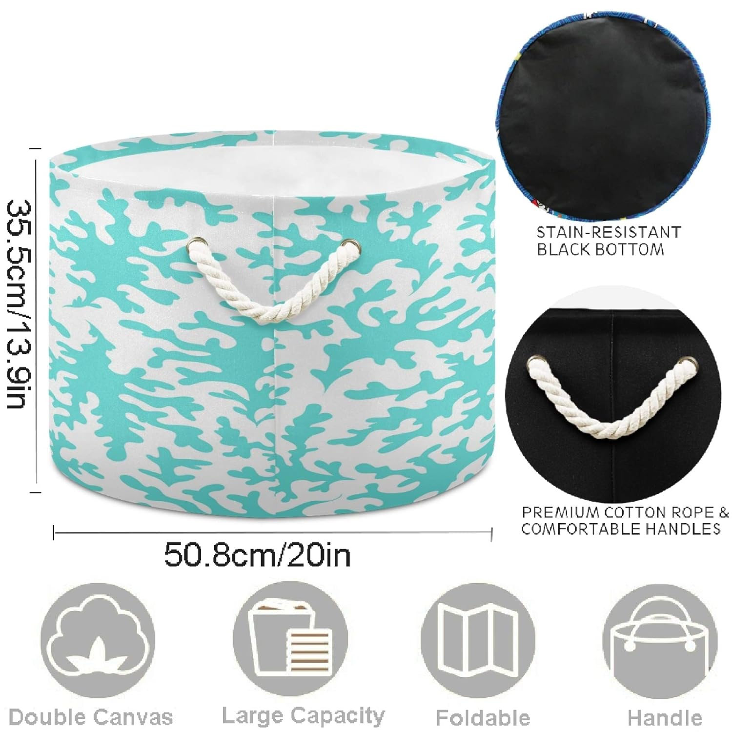 Visesunny Blue Coral Collapsible Laundry Basket with Cotton Handles